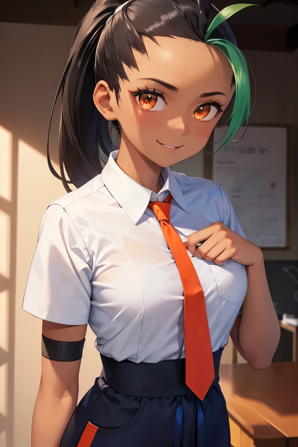 (8k, raw photo, masterpiece, extremely detailed, best quality, professional lighting, high res), BREAK beautiful and adorable girl, nemona, 1girl, (dark skin, dark-skinned female:1.5), ponytail, long hair, freckles, smile, shirt, hair pulled back, school uniform, necktie, gloves, collared shirt, short sleeves, white shirt, fingerless gloves, orange necktie, shorts, single glove