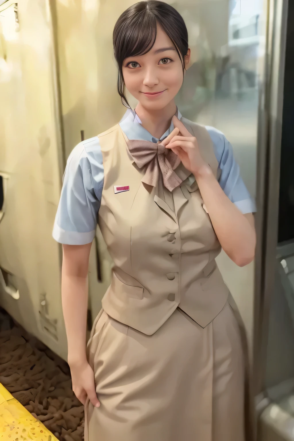 (masterpiece:1.2, Best Quality:1.2), 32K HDR, High resolution, (Alone、1 girl)、（Rooftop of a building during the day、Professional Lighting）、Building rooftop background、（JR woman train crew Uniform blackを着たリアルスタイル）、（（JR female train attendant uniform black white blouse short sleeve 、Black knee-length wrap culottes、Black jacket、scarf））、dark brown hair、（Long Hair、Hair tied up、Hair tied up）、dark brown hair、Long Shot、Big Breasts、Thin legs、（（Great hands：2.0）），（（Harmonious body proportions：1.5）），（（Normal limbs：2.0）），（（Normal finger：2.0）），（（Normal eyes：2.0））)、smile、（JR female flight attendant uniform black knee-length wrap culottes skirt beautiful posture）、Hands down