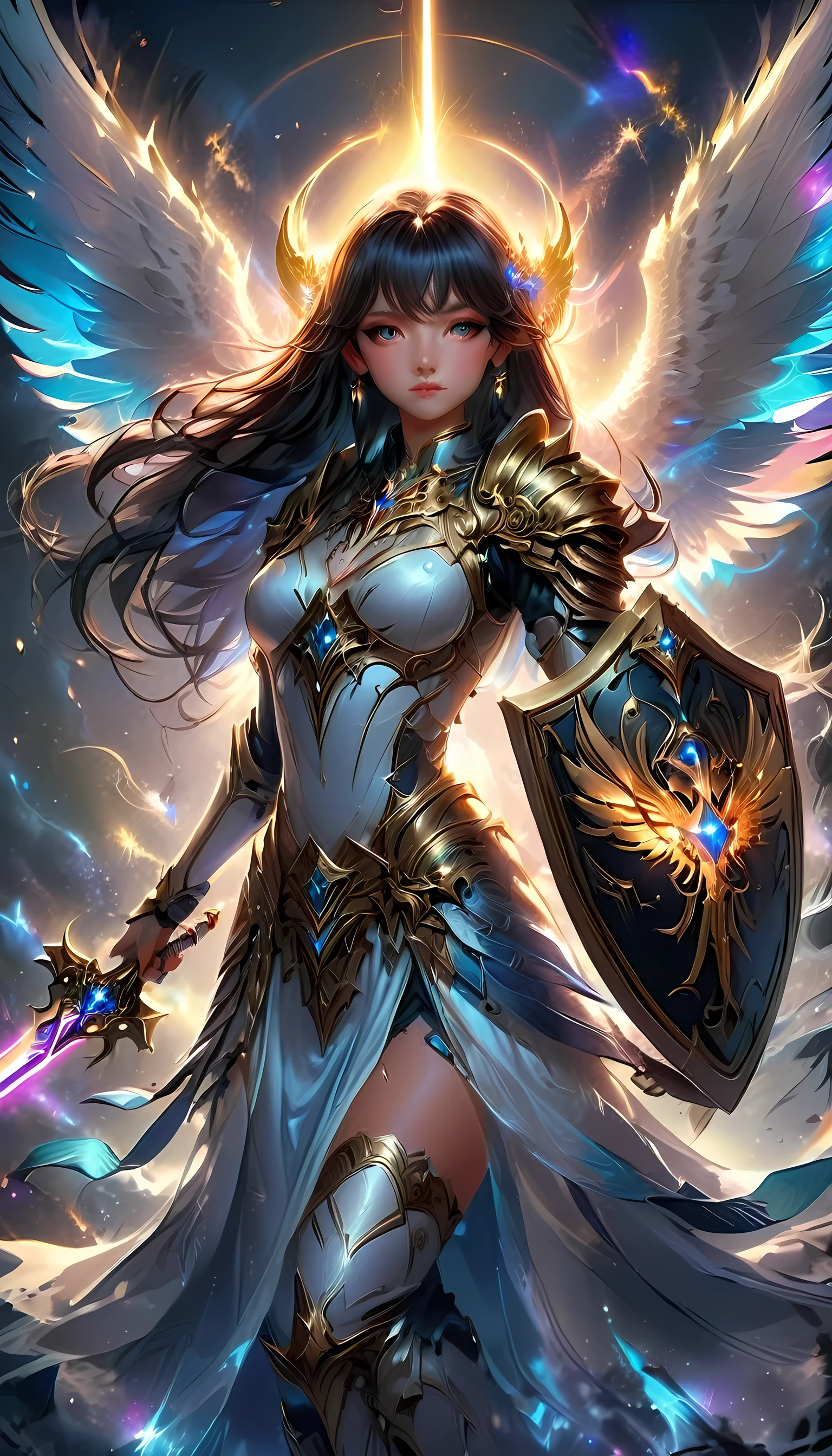 an epic fantasy art of aasimar, female, paladin ready for battle under the full moon, holy warrior, spread large feathered wings, (wings sprouting from the back: 1.3), majestic wings, white angelic wings spread (Masterpiece, intense details: 1.5), moon light, moon, stars, clouds, radiant holy symbol, armed with a divine sword, glowing sword wearing holy armor, wearing high heel boots, dynamic hair color, dynamic hair style, dynamic skin complexion, dark fantasy cemetery background, anatomically correct (Masterpiece 1.3, intense details), angel wings, determined face, god rays, cinematic lighting, glowing light, silhouette, from outside, photorealism, panoramic view (Masterpiece 1.3, intense details) , Wide-Angle, Ultra-Wide Angle, 16k, highres, best quality, high details, 16K, ultra detailed, masterpiece, best quality, (extremely detailed), arafed, dnd art, portrait, full body, Sword and shield