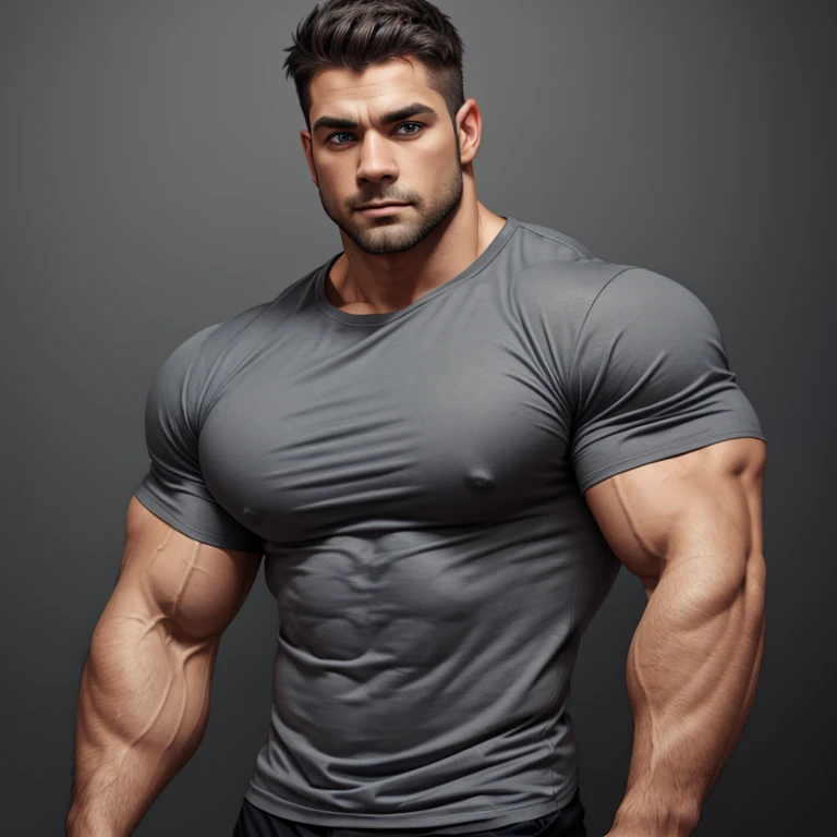 A muscular man, perfect eyes, gray shirt, on a black background