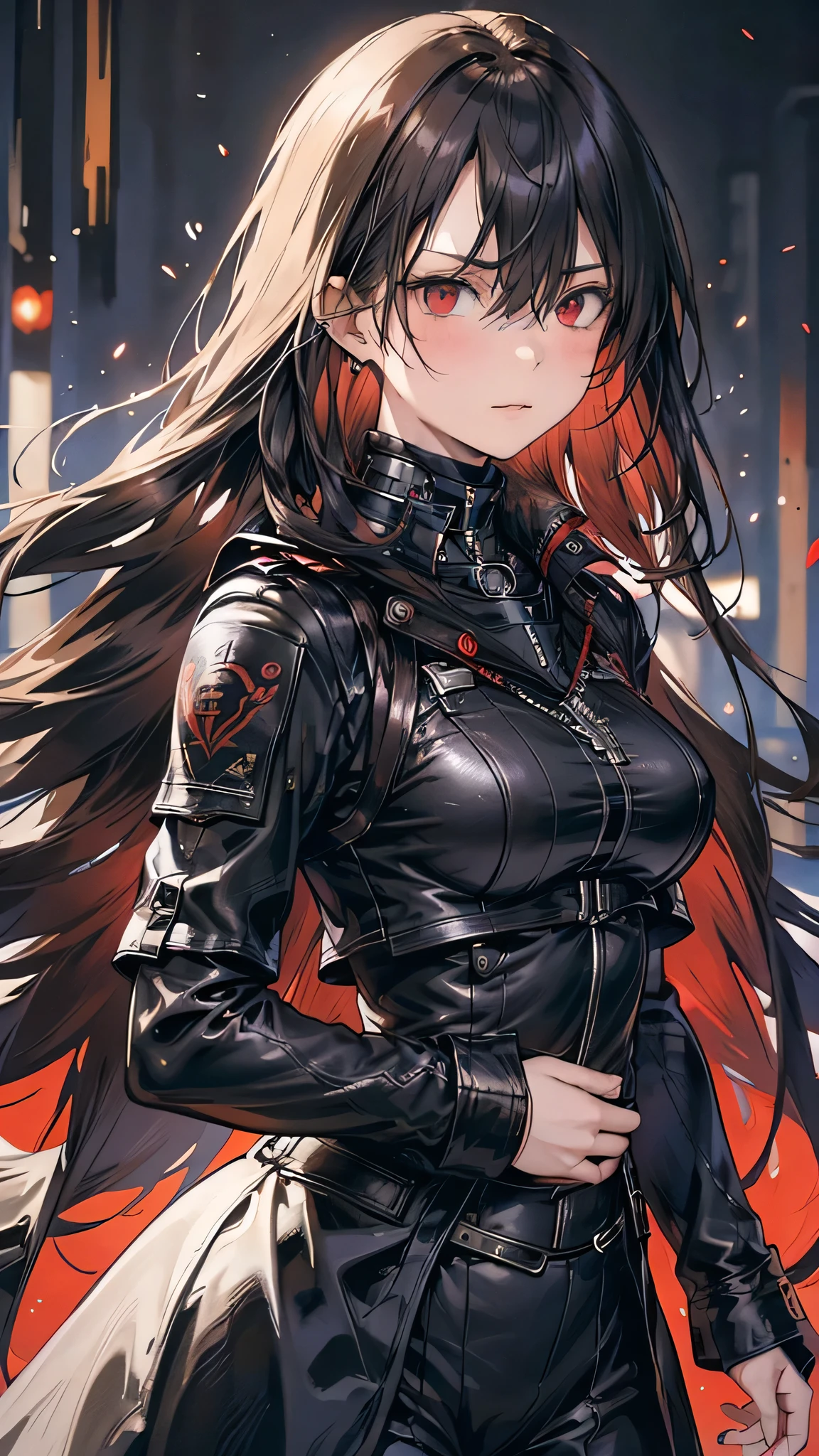 8k resolution,((Best Quality)),Ultra-high resolution,Adult women, Alone, sexy, (Angry face), (Red eyes), A beautiful, symmetrical face, (Black straight long hair),Combat Suit,Military vest,Realistic:1.4,Realistic:1.4,(masterpiece:1.2),Perfect Eyes,Perfect Eyes,Dark underground storehouse,A mercenary woman,Anatomically correct human body