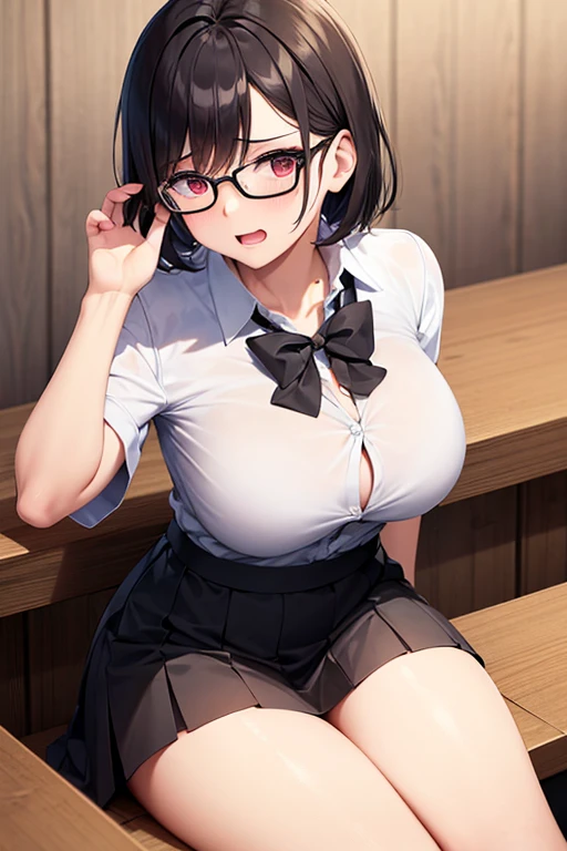 ((masterpiece)), ((best quality)), (ultra-detailed), ((sexy)), (ero), ((extremely detailed)), 4K, (8K), best quality, (beautiful), 

1girl, ((beautiful blue eyes)), beautiful black short hair, glasses,

in the classroom, lift up one's skirt, squatting,

high school uniform, open-button shirt, pleated skirt, stockings, pumps shoes, ((White panties, cameltoe)),

buttocks, large breast, sweaty, wet body, navel out, thighs out, slim, slender,  ribon, ashamed, blush, translucent body, Transparent, shiny-glistening, gleaming,