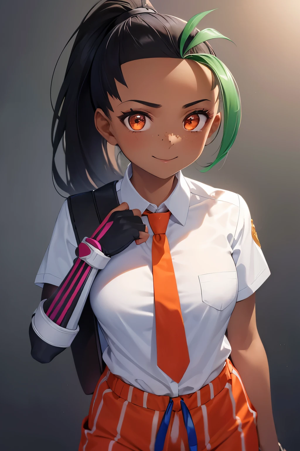 (8k, raw photo, masterpiece, extremely detailed, best quality, professional lighting, high res), BREAK beautiful and adorable girl, nemona, 1girl, (dark skin, dark-skinned female:1.5), ponytail, long hair, freckles, smile, shirt, hair pulled back, school uniform, necktie, gloves, collared shirt, short sleeves, white shirt, fingerless gloves, orange necktie, shorts, single glove