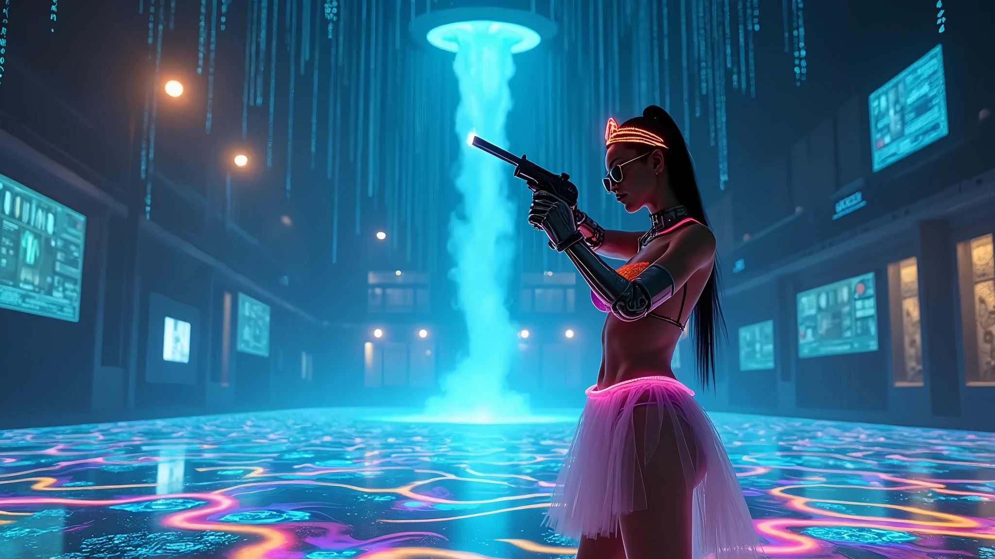 top quality, future world, State-of-the-art robot, Beautiful Woman swimming in swimming pool, water is replaced by donuts, Transformed into a cyborg except for the face, whole body photo, (Eating Donuts:1.4 , full of donuts photo, donuts in hands, donuts in mouth, full of donuts in room)
