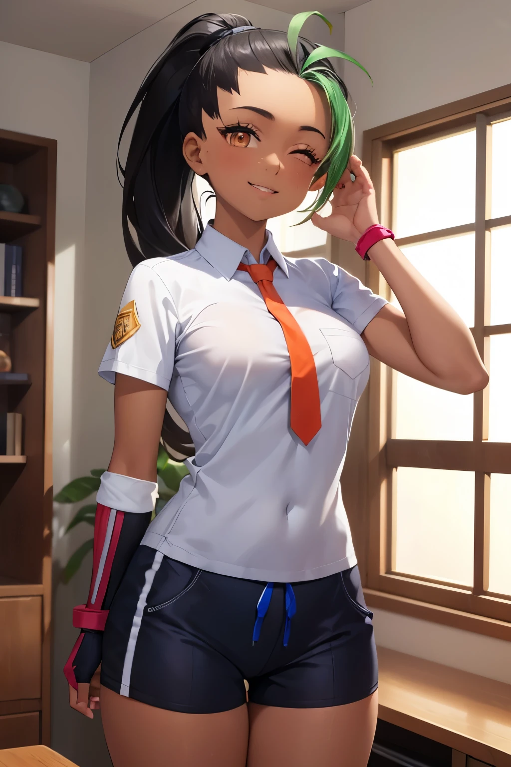 (8k, raw photo, masterpiece, extremely detailed, best quality, professional lighting, high res), BREAK beautiful and adorable girl, nemona, 1girl, (dark skin, dark-skinned female:1.5), ponytail, long hair, freckles, smile, shirt, hair pulled back, school uniform, necktie, gloves, collared shirt, short sleeves, white shirt, fingerless gloves, orange necktie, shorts, single glove, BREAK smile, energetic girl, eyes closed smile