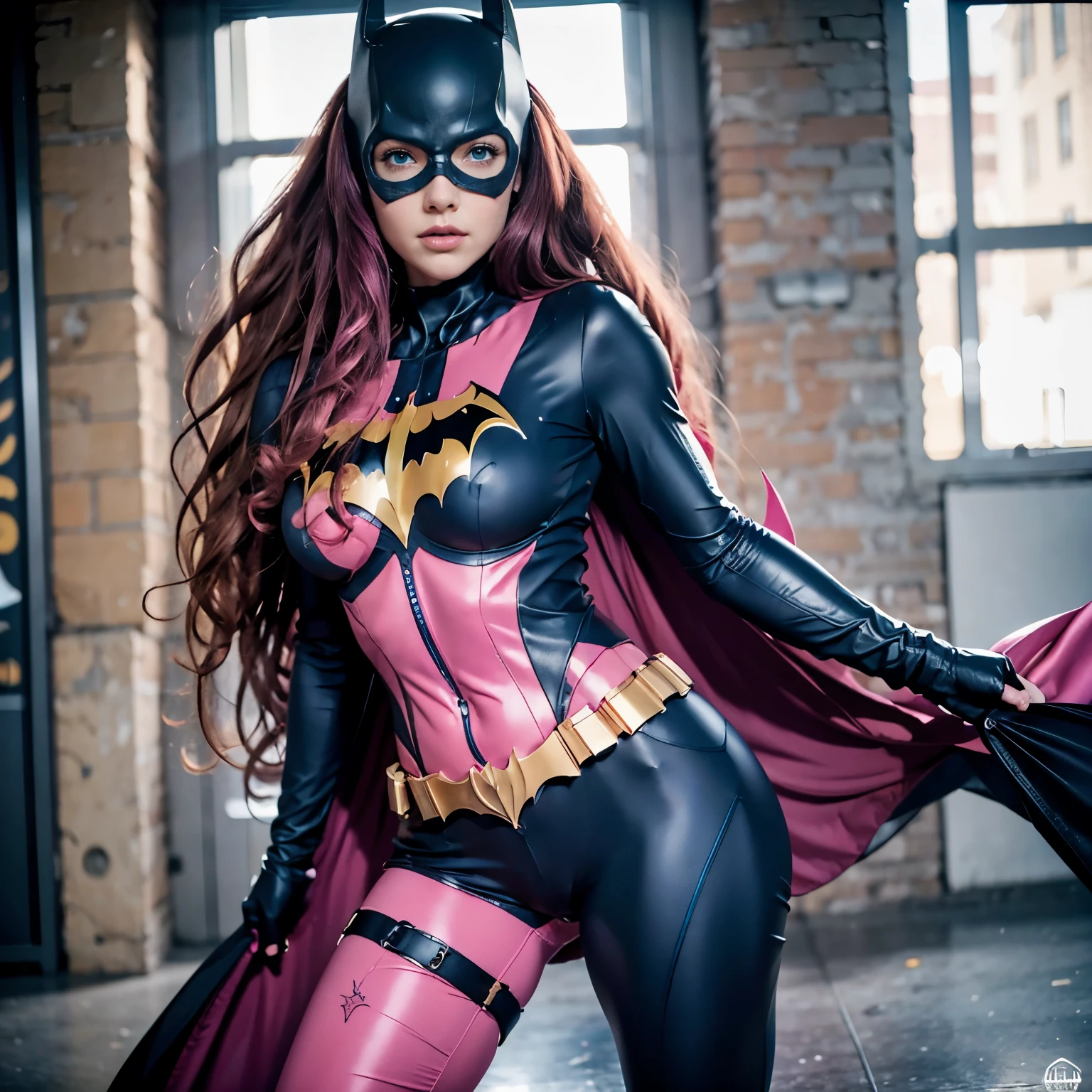 “Woman, long curly hair, pink hair, blue eyes,full body, soft, cute, batgirl suit wide open, show nipples, show vagina, open legs:1.4