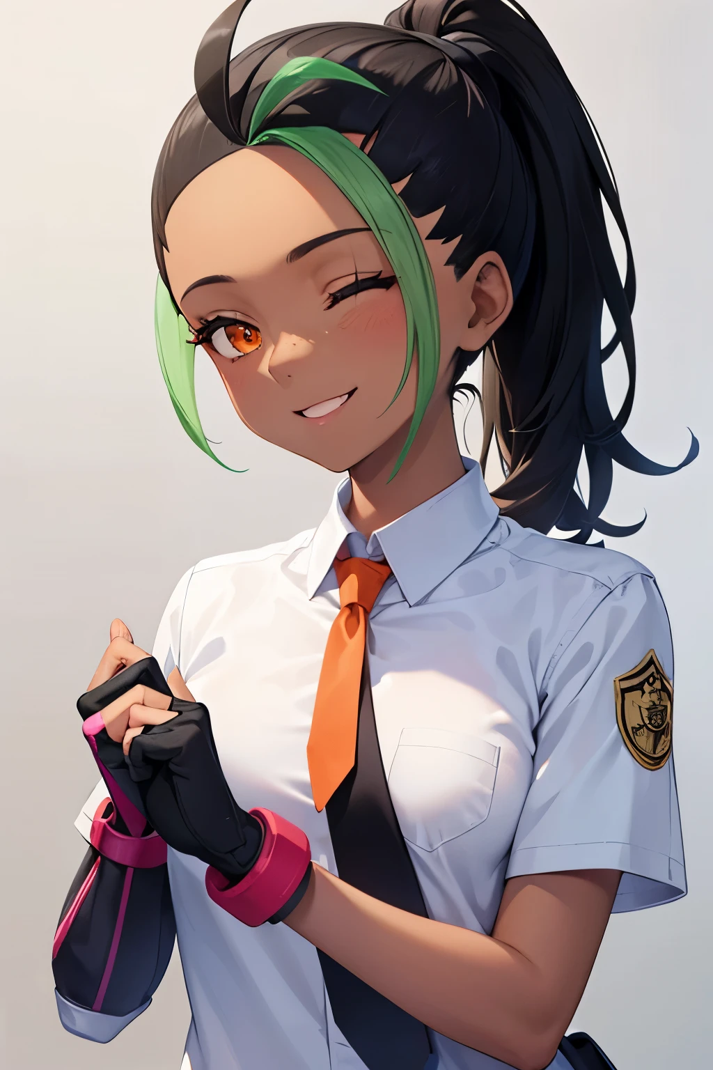 (8k, raw photo, masterpiece, extremely detailed, best quality, professional lighting, high res), BREAK beautiful and adorable girl, nemona, 1girl, (dark skin, dark-skinned female:1.5), ponytail, long hair, freckles, smile, shirt, hair pulled back, school uniform, necktie, gloves, collared shirt, short sleeves, white shirt, fingerless gloves, orange necktie, shorts, single glove, BREAK smile, energetic girl, eyes closed smile