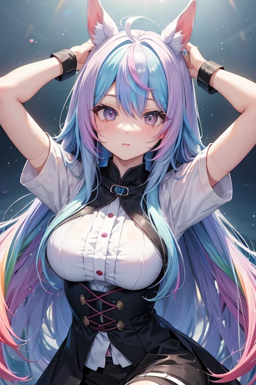 Futuristic Girl,9 ,,Cute smile,Purple eyes, space, Purple Hair, Blue Hair, Pink Hair, Long Hair, Futuristic popular coffee shop,mechanical cat ears,Futuristic short pants casual wear,Topless, normal breasts, beautiful breasts, topless, beautiful breasts, normal breasts、Futuristic Panties,Daily life