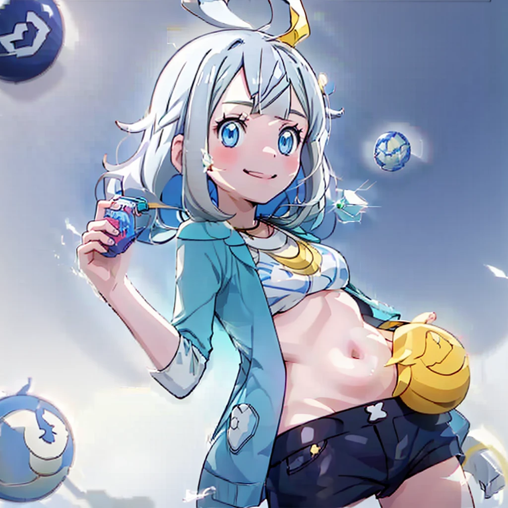  1girl, Alone, long hair, looking at viewer, blush, smile, blue eyes, simple background, large breasts, Hair Ornament, white background, navel, swimsuit, grey hair, ahoge, braid, tongue out, Star (symbol), twin braids, headset, :q, yellow bikini, big oppai 、Nipples、Areola、pubic hair