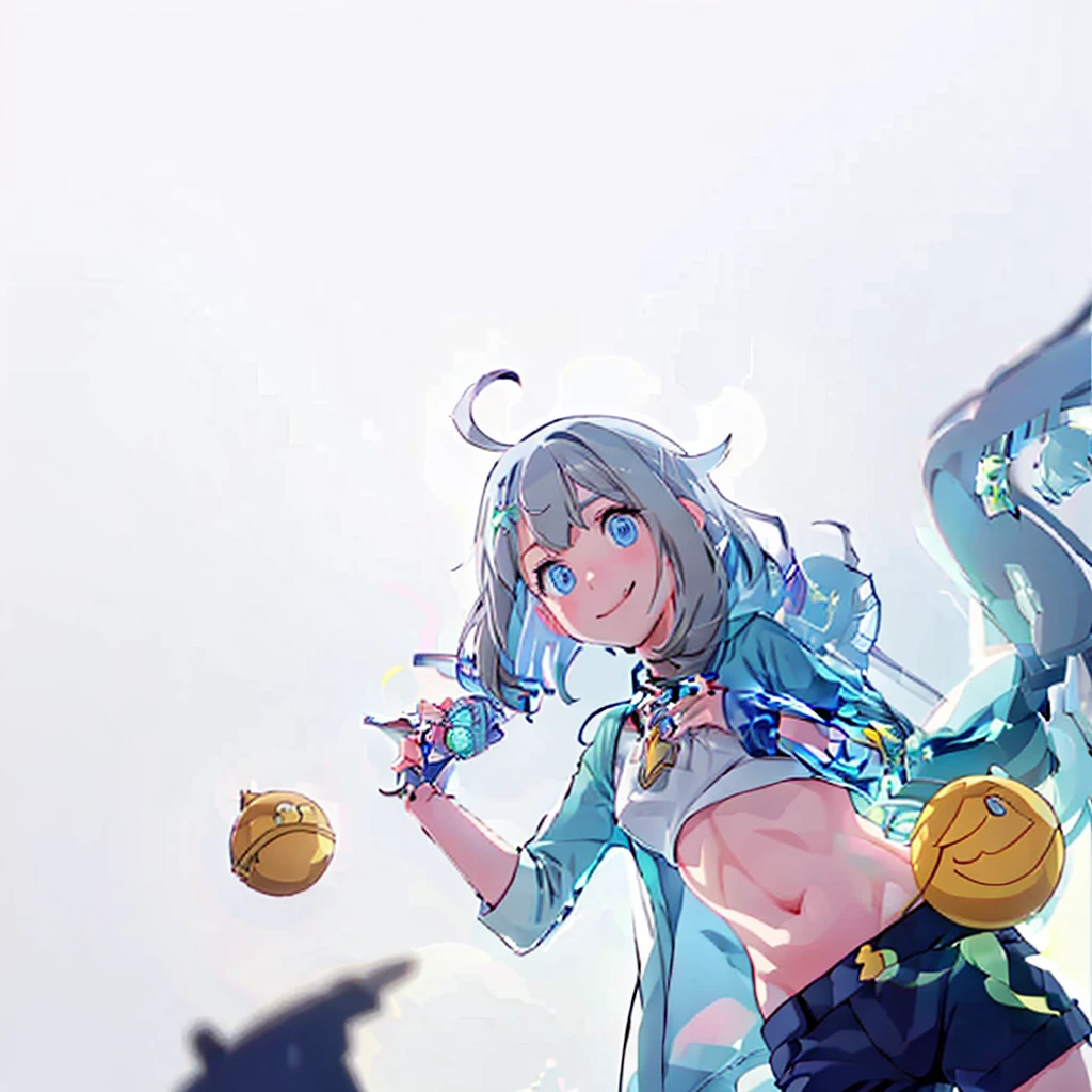  1girl, Alone, long hair, looking at viewer, blush, smile, blue eyes, simple background, large breasts, Hair Ornament, white background, navel, swimsuit, grey hair, ahoge, braid, tongue out, Star (symbol), twin braids, headset, :q, yellow bikini, big oppai 、Nipples、Areola、pubic hair