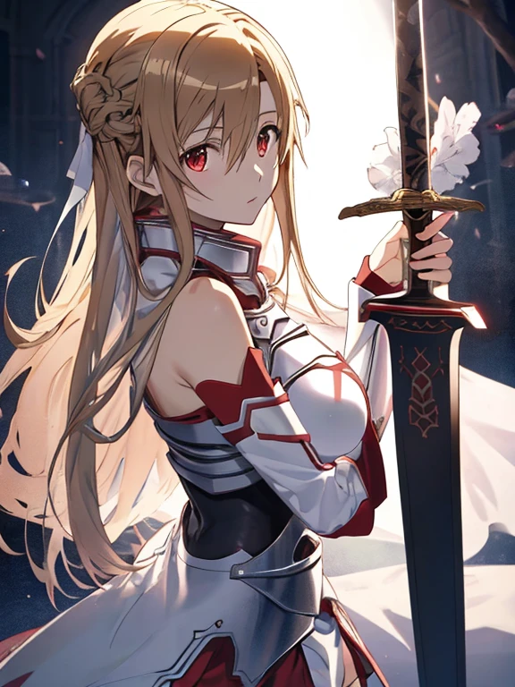 Looking up at a high school girl fighting with a Japan sword from diagonally below