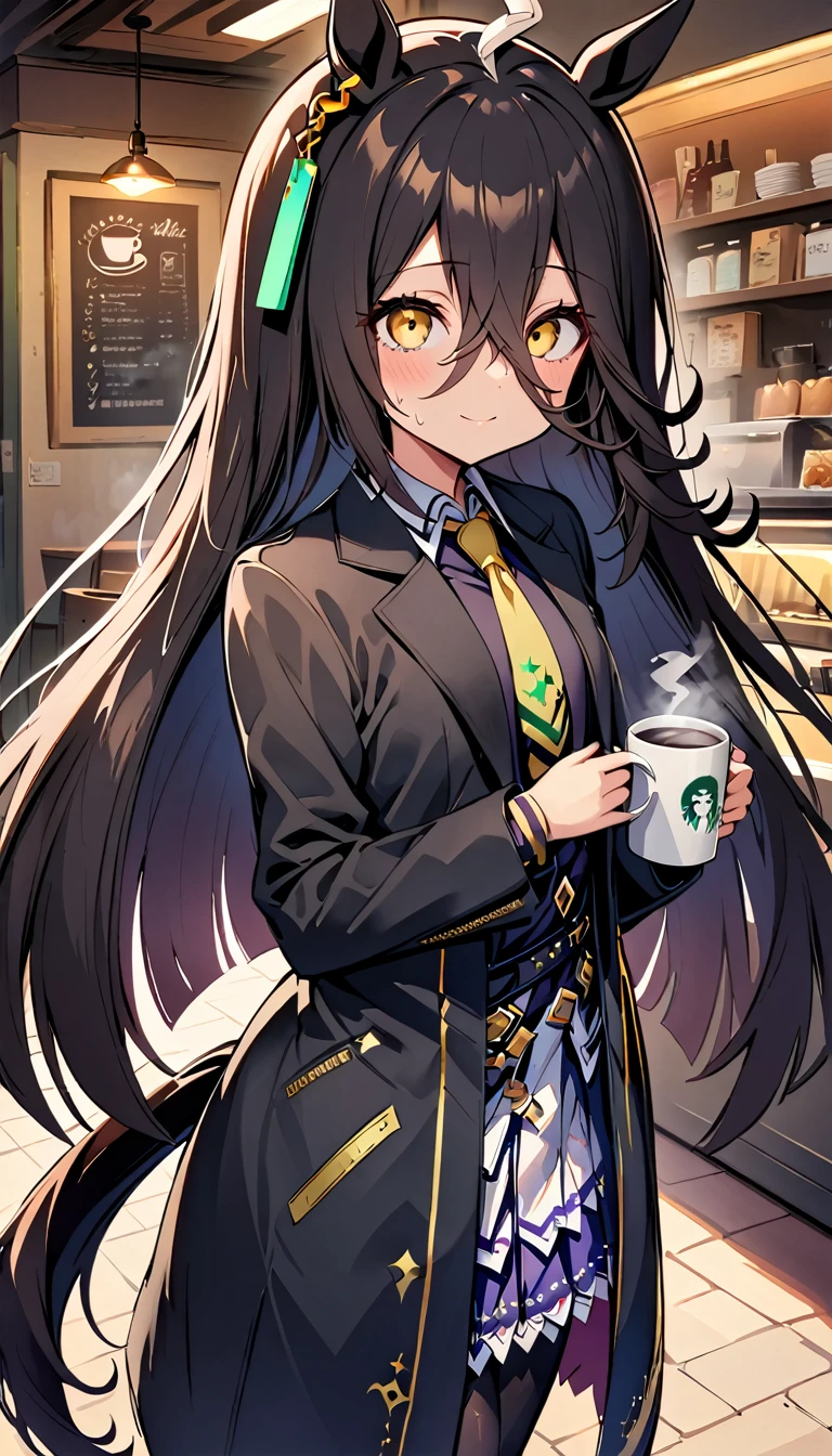 [[1girl, Manhattan Cafe (umamusume), umamusume]],small breasts, solo, masterpiece, gleaming skin, super detailed skin, shiny hair, glamorous, light smile,steam,sweat,horse  tails,standing,black coat,coffee shop,full body