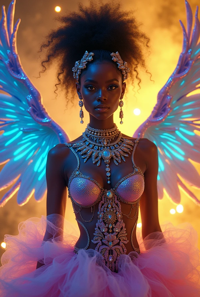 Ultra Photo of Rihanna with black spinel wings on dress with tourmaline diamond kunzite sparks, 16K texture, robotic and extravagant dress and strange hairstyle, 16k image, haute couture, flashes, high image quality, extravagant and bright dress, realistic face and body, tattoos, 16k body and face, dramatic poses, UHD HDR DSLR