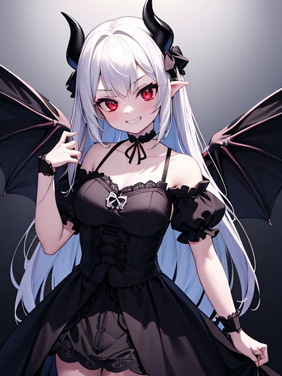 1 girl, cute, devil, devil horns, gothic lolita, red eyes, mischievous expression, (grin:1.3), highly detailed face, delicate features, porcelain skin, hands at sides, dramatic lighting, lace choker, detailed ornate background, moody atmosphere, cowboy shot, (best quality, 4k, 8k, highres, masterpiece:1.2), ultra-detailed, dramatic lighting, chiaroscuro, dark fantasy, dramatic,