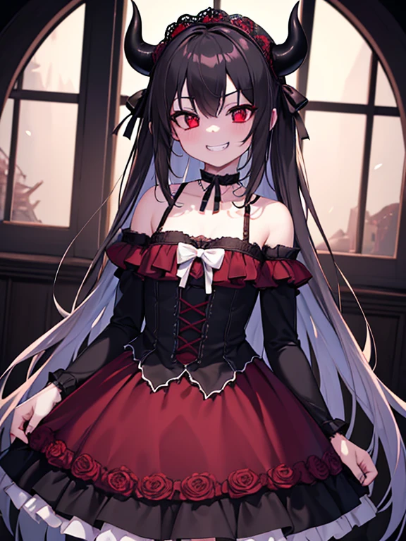 1 girl, cute, devil, devil horns, gothic ****ta, red eyes, mischievous expression, (grin:1.3), highly detailed face, delicate features, porcelain skin, hands at sides, dramatic lighting, lace choker, detailed ornate background, moody atmosphere, cowboy shot, (best quality, 4k, 8k, highres, masterpiece:1.2), ultra-detailed, dramatic lighting, chiaroscuro, dark fantasy, dramatic,