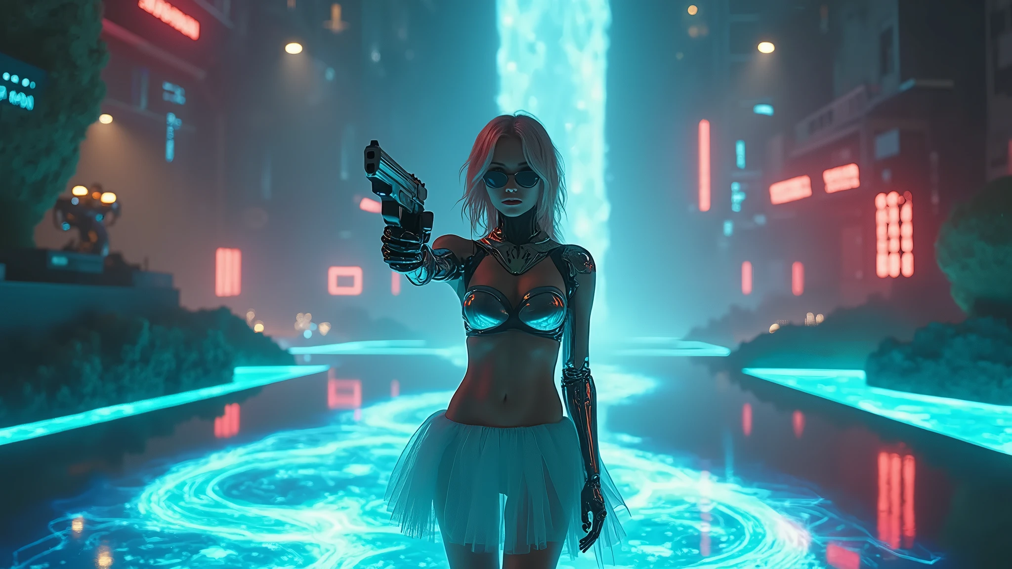 Cyberpunk female plagiarist immersed in digital theft, neon-lit alias within a vast online labyrinth, grotesque grunge brushing into surrealism, illuminated by kaleidoscopic volumetric light, a detailed masterpiece reminiscent of Moebius' distinctive style, deep focus, heightened depth field, psychedelic undertones amplified in a cinematic shot, aerial view of cyberpunk city at night, (1girl, solo), photo realistic, large-breast:1.4 D-cup slim body, cleavage:1.4, slim face, off broken mini sling-shirt and black sling bra, extremely short white pleated miniskirt, micro panty, (matrix style black micro sunglasses), (holding a short gun), half-body thigh level medium shot, cinematic lighting, ray tracing.