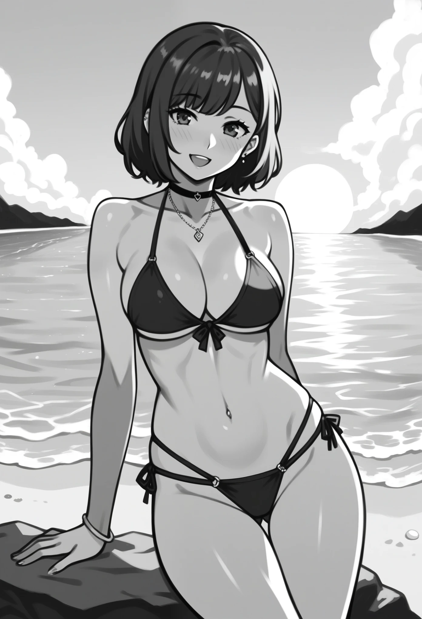score_9, score_8_up, score_7_up, score_6_up, score_5_up, score_4_up, BREAK source_anime,1girl, bikini, in beach, sunny , sea, sand, sun, by nilsunna, looking at viewer, happy, dutch angle, curvy, unshaded, monochrome, coloring page.