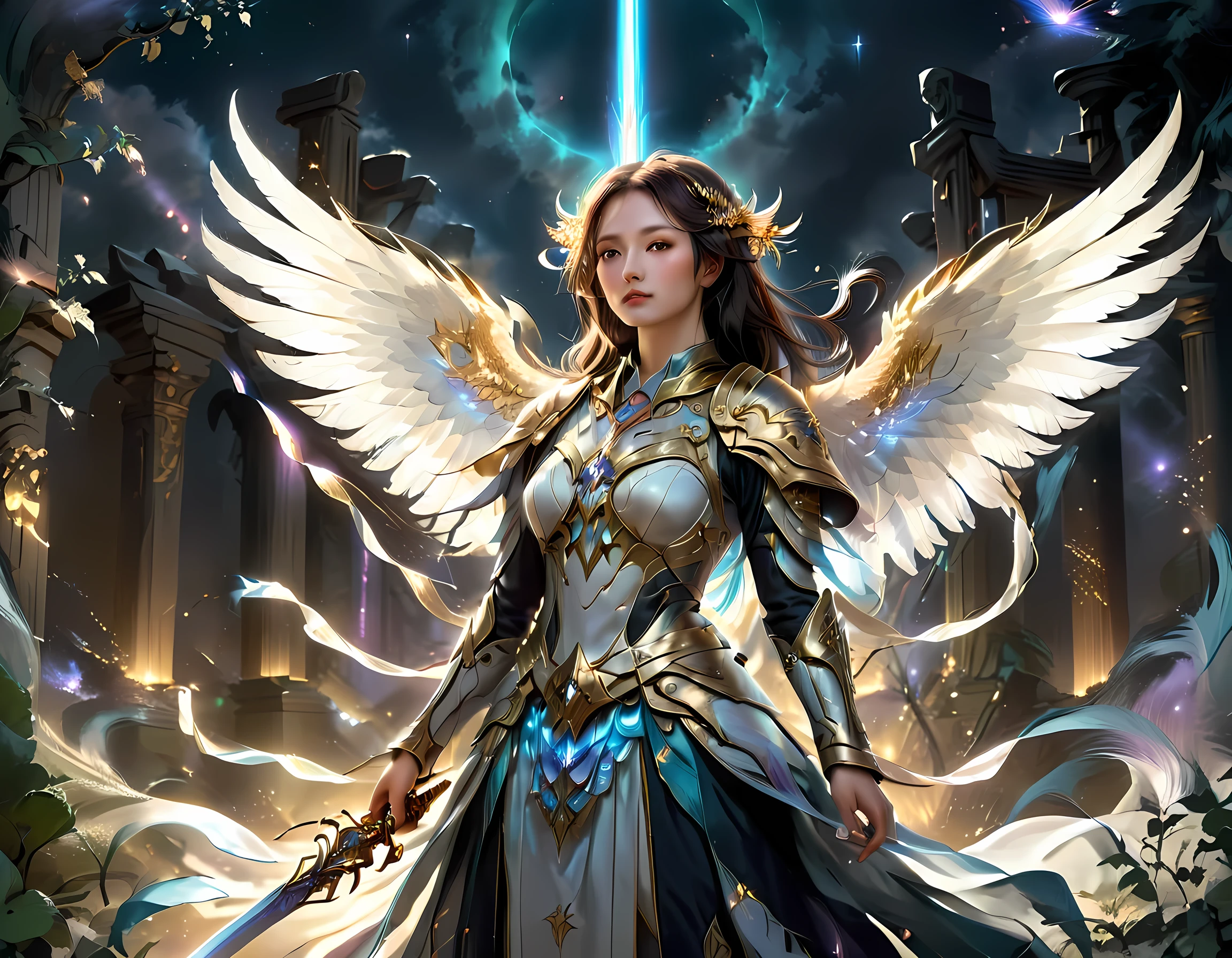 an epic fantasy art of aasimar, female, paladin ready for battle under the full moon, holy warrior, spread large feathered wings, (wings sprouting from the back: 1.3), majestic wings, white angelic wings spread (Masterpiece, intense details: 1.5), moon light, moon, stars, clouds, radiant holy symbol, armed with a divine sword, glowing sword wearing holy armor, wearing high heel boots, dynamic hair color, dynamic hair style, dynamic skin complexion, dark fantasy cemetery background, anatomically correct (Masterpiece 1.3, intense details), angel wings, determined face, god rays, cinematic lighting, glowing light, silhouette, from outside, photorealism, panoramic view (Masterpiece 1.3, intense details) , Wide-Angle, Ultra-Wide Angle, 16k, highres, best quality, high details, 16K, ultra detailed, masterpiece, best quality, (extremely detailed), arafed, dnd art, portrait, full body, Sword and shield