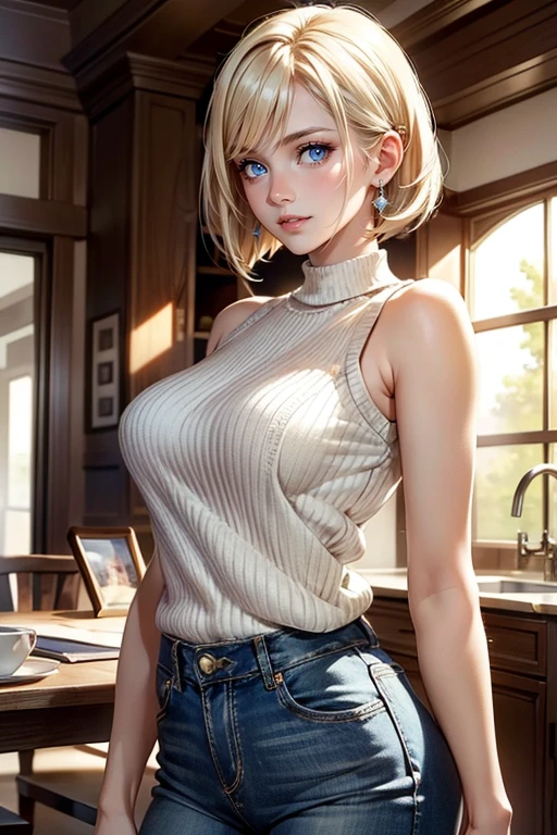 (masterpiece)), (((best quality))), 1 female, pale white skin, blonde hair, medium hair, bob hair style, beautiful woman, blue eyes, happy expression, sweet smile, simple earrings, modern, tank top, sweater, jeans, big breasts, full body view, detailed face, highest quality, highly detailed, original, high resolution CG Unit 8k wallpaper, (best quality, artwork, masterpiece, 4k)