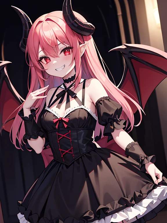 1 girl, cute, devil, devil horns, devil wings, gothic lolita, red eyes, mischievous expression, (grin:1.3), highly detailed face, delicate features, porcelain skin, hands at sides, lace choker, moody atmosphere, darkness, dark background, cowboy shot, (best quality, 4k, 8k, highres, masterpiece:1.2), ultra-detailed, dramatic lighting, chiaroscuro, dark fantasy, dramatic,