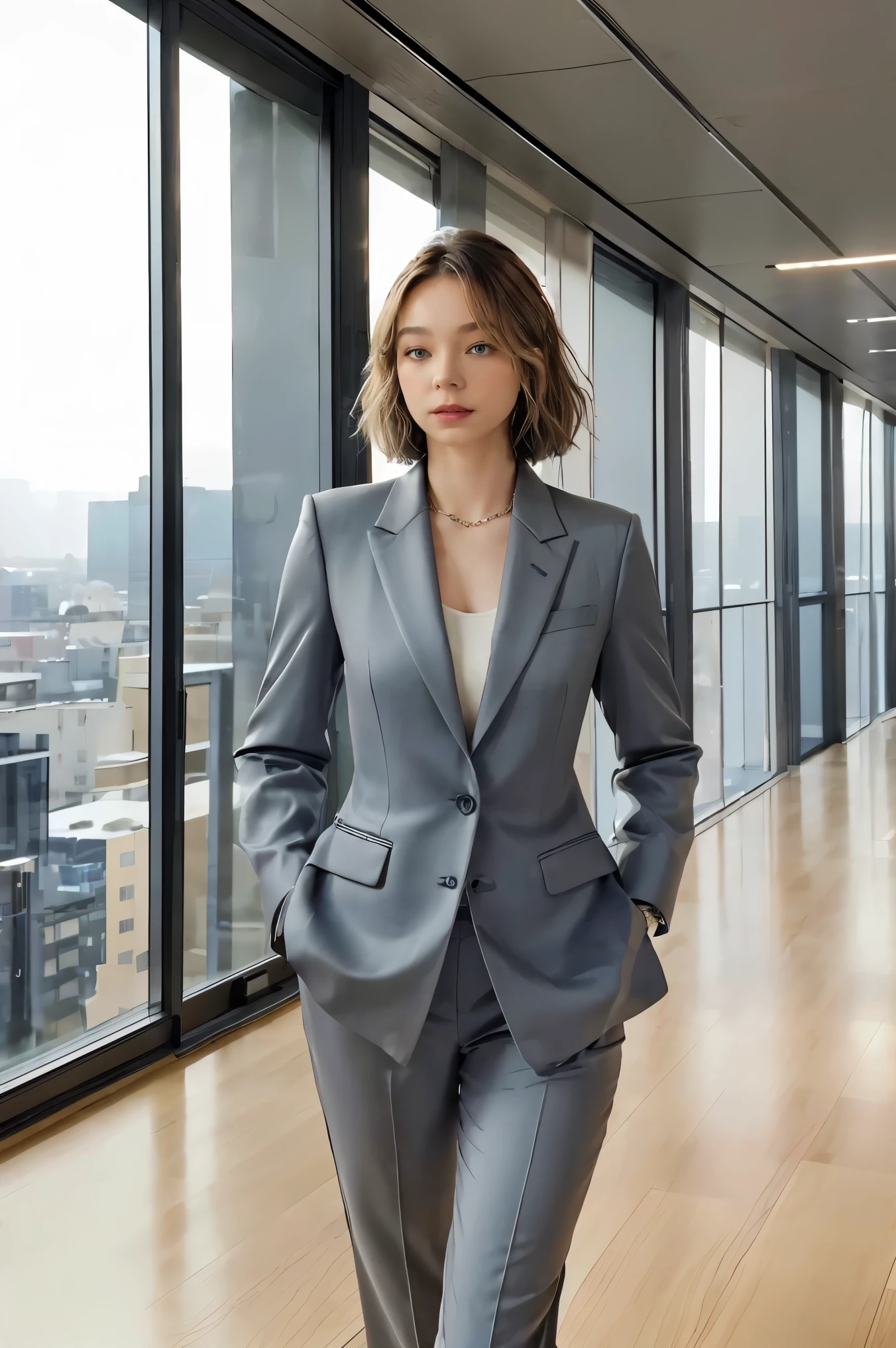 (highres,realistic) A middle-aged female in a suit, with a shrewd and cynical expression, standing confidently. She has (short, sleek) gray hair and (sharp, piercing) blue eyes. Her suit is (tailored, elegant) and exudes a sense of power and authority. Surrounding her, there are (modern, minimalistic) office furnishings and (floor-to-ceiling) windows overlooking a bustling cityscape. The (soft, warm) evening light casts a beautiful glow on her face, emphasizing her features. The atmosphere is (sophisticated, professional) with a touch of (mystery, intrigue).