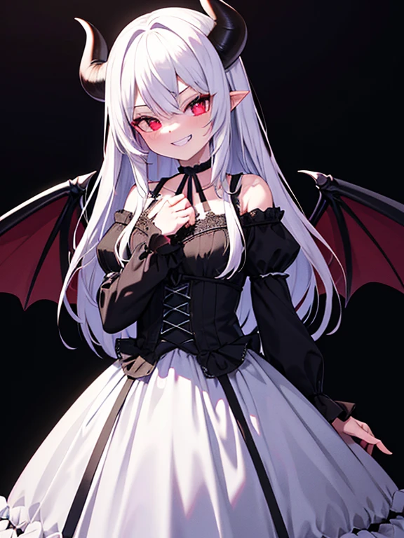 1 girl, cute, devil, devil horns, devil wings, gothic lolita, white hair, red eyes, mischievous expression, (grin:1.3), highly detailed face, delicate features, porcelain skin, hands at sides, lace choker, moody atmosphere, darkness, dark background, cowboy shot, (best quality, 4k, 8k, highres, masterpiece:1.2), ultra-detailed, dramatic lighting, chiaroscuro, dark fantasy, dramatic,