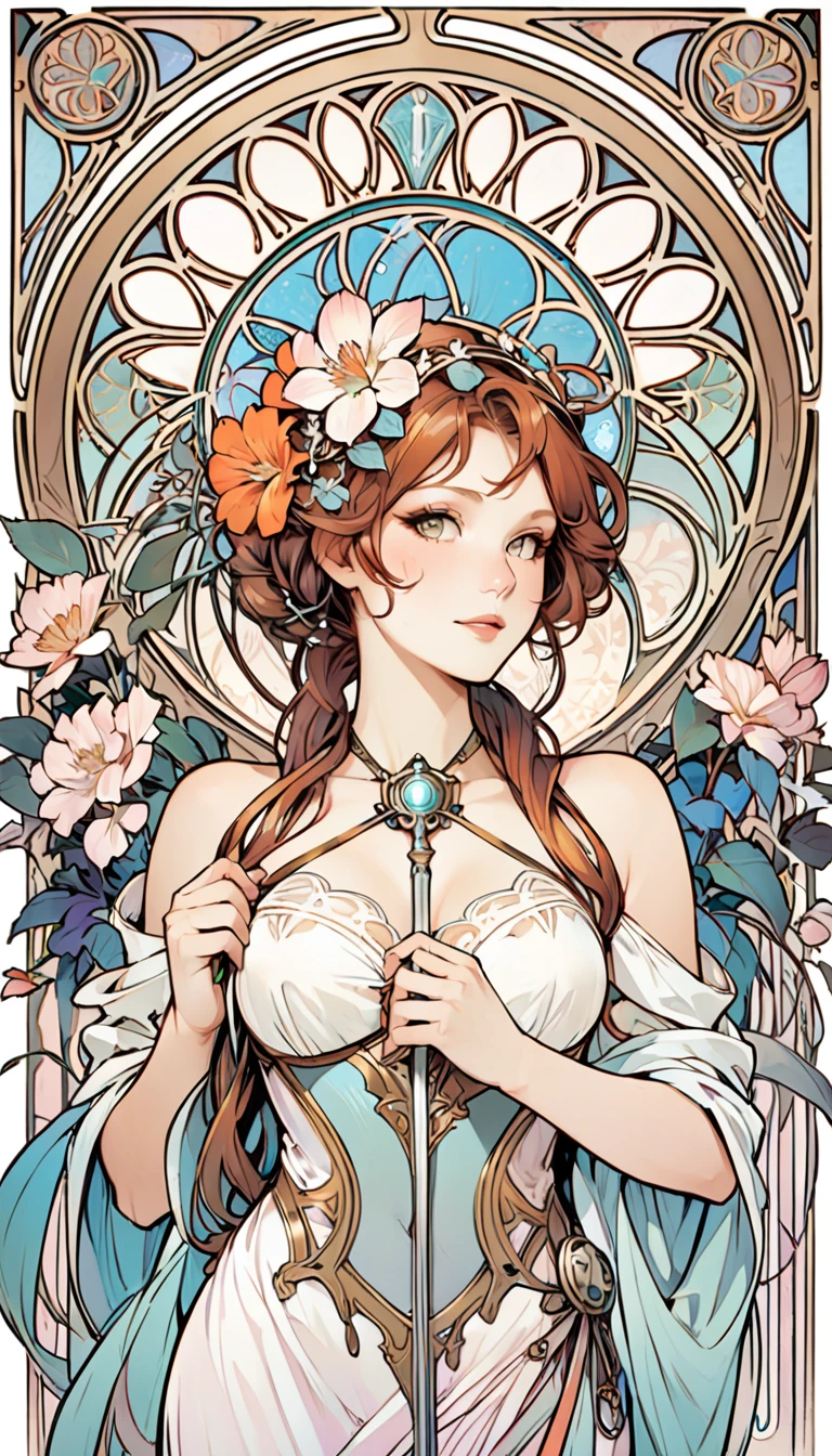 ((Alphonse Mucha&#39;s Art Style)), (From the side), 20 year old mature woman、 whole body、 Holy Knight，Dignified pose、Carrying a Sword、Detailed face, Detailed skin, chromatic aberration, Prismatic, Holographic, Color gradient、(Best Quality、High resolution、masterpiece)、8k、wallpaper、