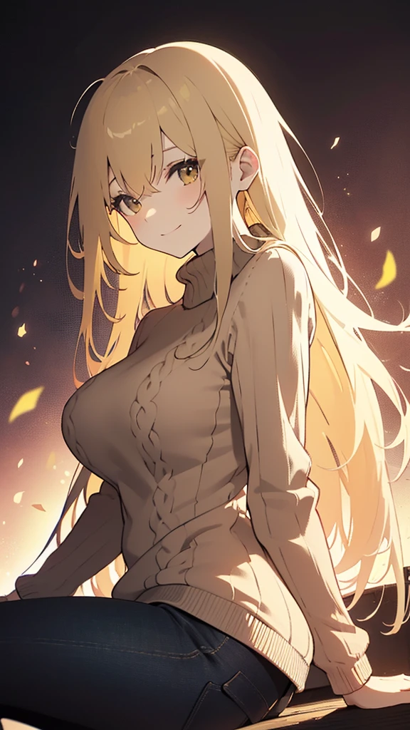 Masterpiece, very detailed, ultra detailed, one, (1 woman), she is in a monochrome black dress with gold details, with zipper knives in each hand and in a stable and fighting position, super mature, tall, milf, mature mother, long hair, straight hair, bright yellow hair and parting on the sides, yellow demonic horns, beautiful, charming, bright blood-red eyes, elegant, large breasts, kind smile, charming, against the background of golden thunderous and golden zippers.