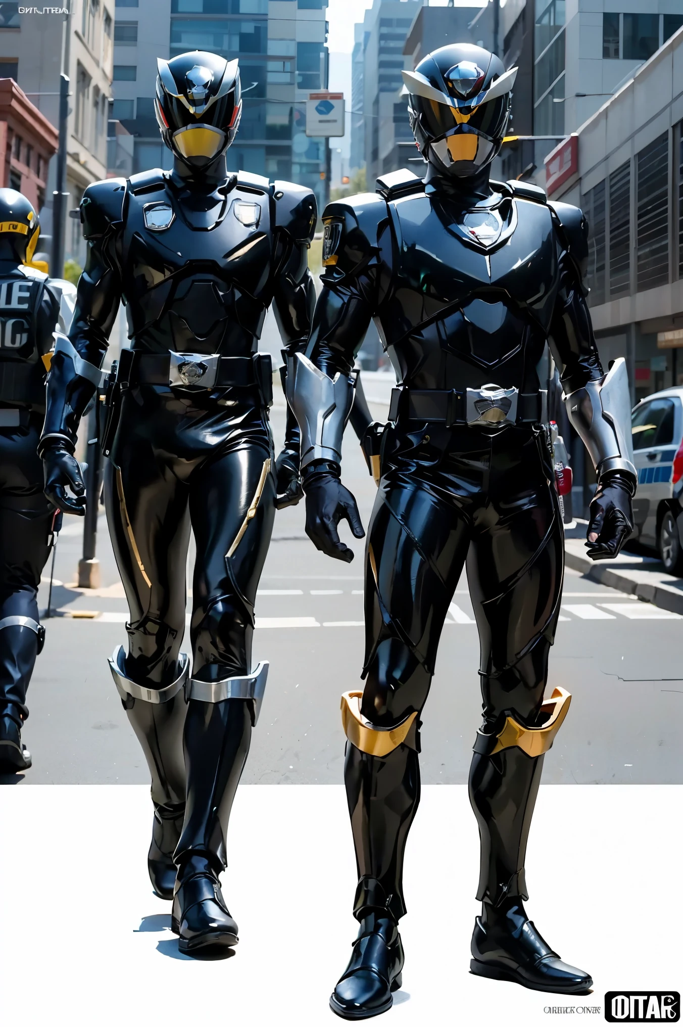 1boy, full body, Illustration, cinematic light, high resolution, best quality, ultra-detailed, masterpiece, power suit, powerranger, suit, spd, (Silver and Gold chest plate), black and gold detail, (((black suit))), ((police theme:1.2))