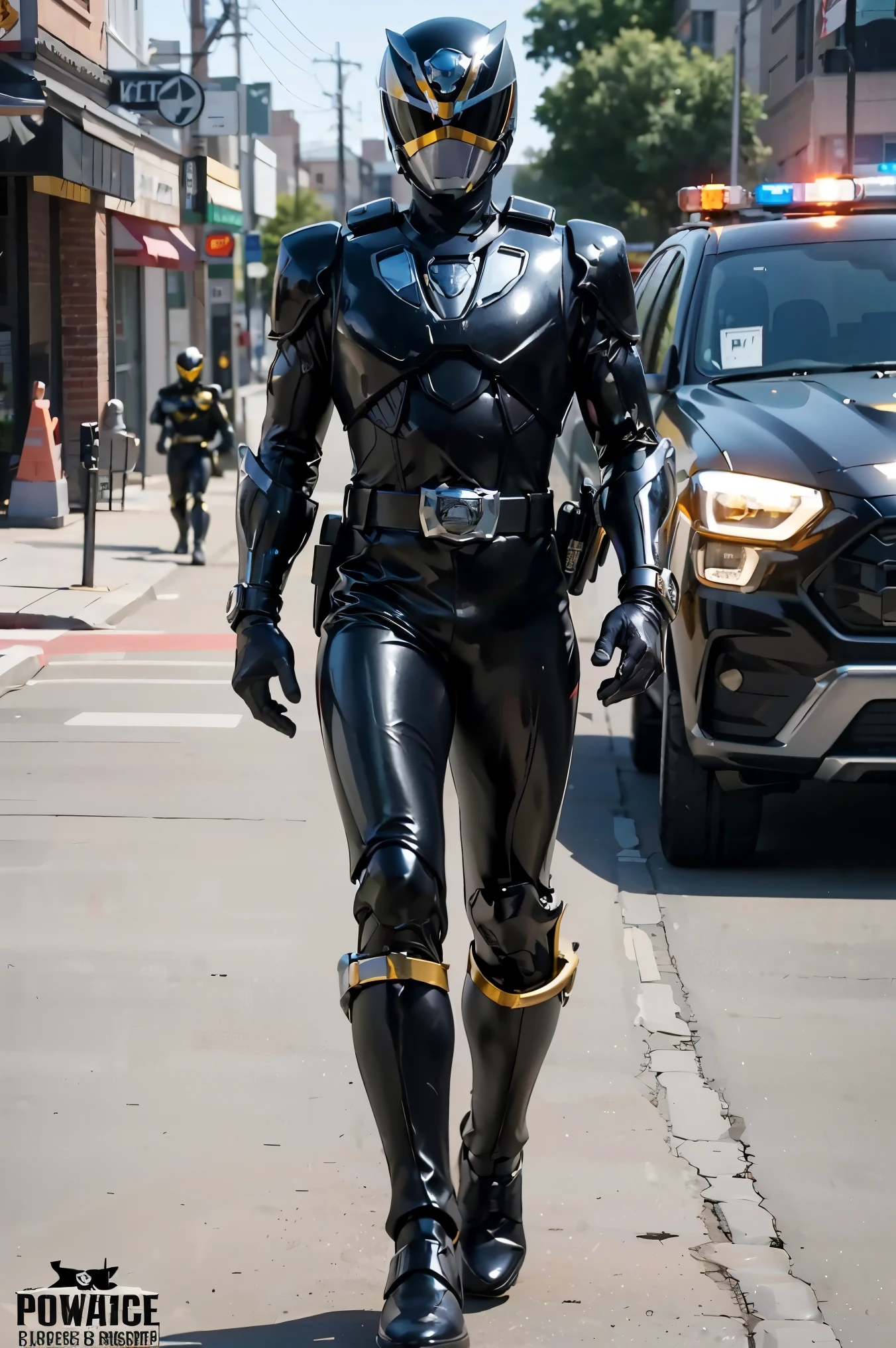 1boy, full body, Illustration, cinematic light, high resolution, best quality, ultra-detailed, masterpiece, power suit, powerranger, suit, spd, (Silver and Gold chest plate), black and gold detail, (((black suit))), ((police theme:1.2))