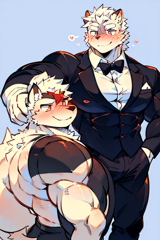 An Anime style Top Body and Right Side Body Picture of A Very Muscular Kemono Furry Style Gray Wolf. He is wearing A Long Black Tuxedo suit with white shirt inside Outfit. His one hand is scratching his head while his another hand is in his pocket. The background is Solid white. He have Gray messy and spikey hair. He is looking at the viewer. His eyes are little red But Mostly white. He is standing in the background. He look like a video game character. He is smiling and blushes with blushes on his face. His tail is sticking upward. He is shy and little embarrassed