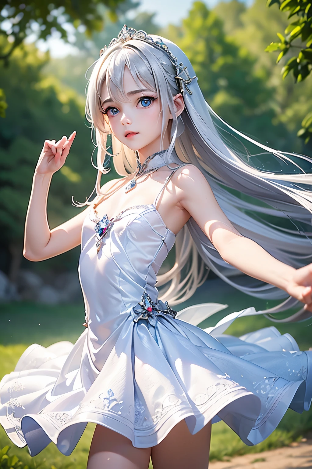 masterpiece,Best Quality,Very detailed,beautiful girl, ager,High Fantasy,fantasy white dress,Jewelry Accessories,Outdoor,squirt,Small breasts,Narrow waist,Straight silver hair,Perfect Blue Eyes,Very cute,Active pose