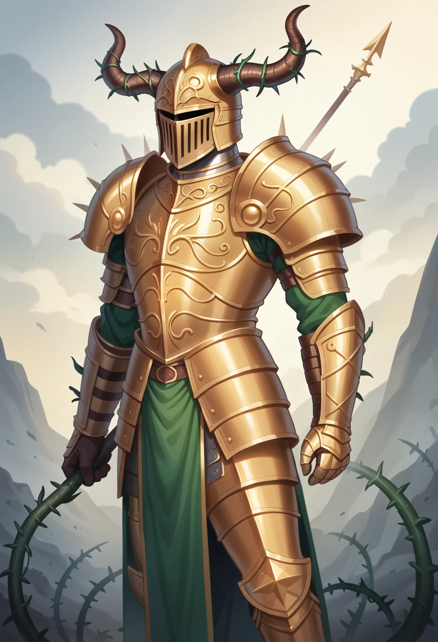 Warrior concept art, directed by: Jealous of you, Fantasy Art, Zen temple background, Clean render, horn, Wearing armor, Detailed Bushido form smoke, Helmet of a Forgotten God, Character standing, Realistic 8K, In game rendering, Detailed facial background, Art Station Home, Boy, Pseudo-Fantasia Medieval, God in Koi Armor, Detailed bronze armor, Bronze armor, Gold carved armor, Golden obsidian armor, Light gold armor, Gorgeous golden armor, Demon Warrior, Gorgeous armor full of thorns, Complex Assassin Armor, Complex metal armor, Powerful Warrior, Dressed in gorgeous gold armor,It is decorated with intricate patterns, Helmet with a large crown and two horns, All against darkness, The smoky scene is reminiscent of a war scene, Add a touch of style to your personality