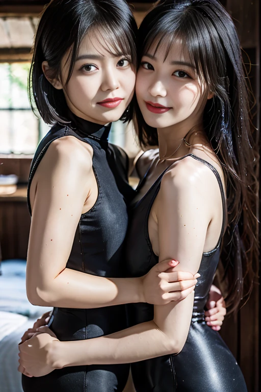 Best Quality、8k、Best Quality、Professional Lighting、Natural Light、Ultra-high resolution、Clear Photo、Beautiful and delicate skin、Black leotard、Natural Makeup、Very beautiful woman、二people々、Age 30、White skin、Short Bob Hair、Black Hair、、Affectionate３people々々々:1.8、{{kissu３people々々々:1.8、Hug each other:1.8、Put your lips on it:1.6、Detailed Background,Secret Underground Base、Lesbian、Everyone grins.、Fearless smile、