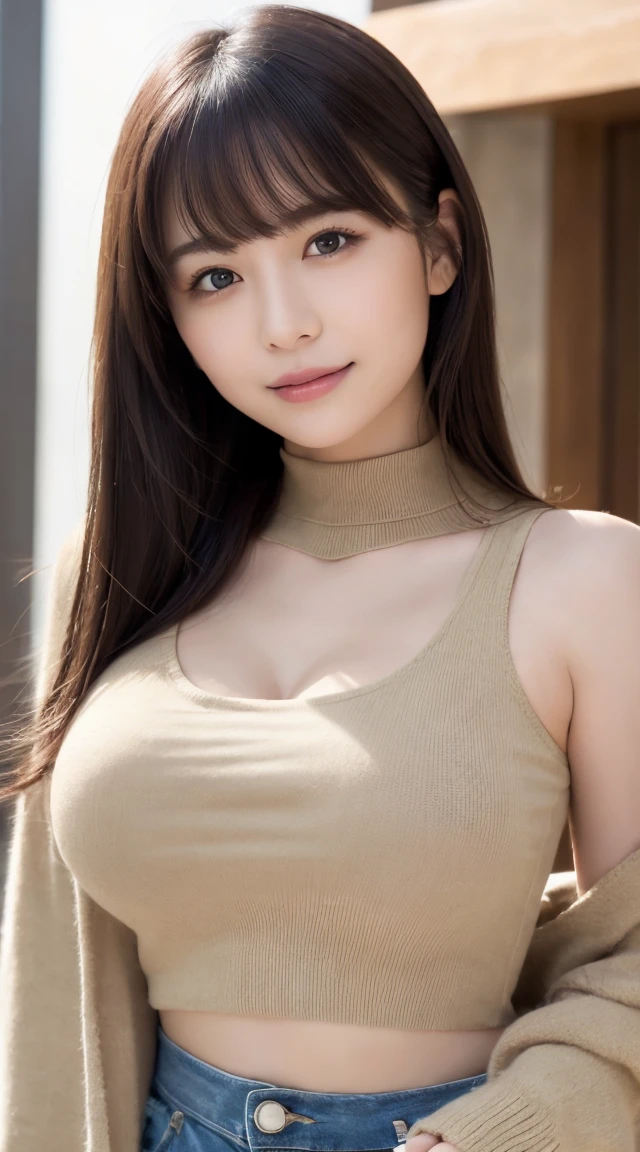 masterpiece, Best Quality, Photorealistic, Finely detailed, High resolution, 8K Wallpapers Perfect Dynamic Composition, Beautiful detailed eyes medium hair, Big ample breasts, Random sexy poses,Put your chest close、(Mock neck crop tank top with open chest、In khaki knitwear、Her breasts are so big that her cleavage is clearly visible)、(Breast Swelling 1.2)、smile、Open your mouth、Resort scene、2、(Droopy Eyes 1.4)、Adult Beauty、Japanese