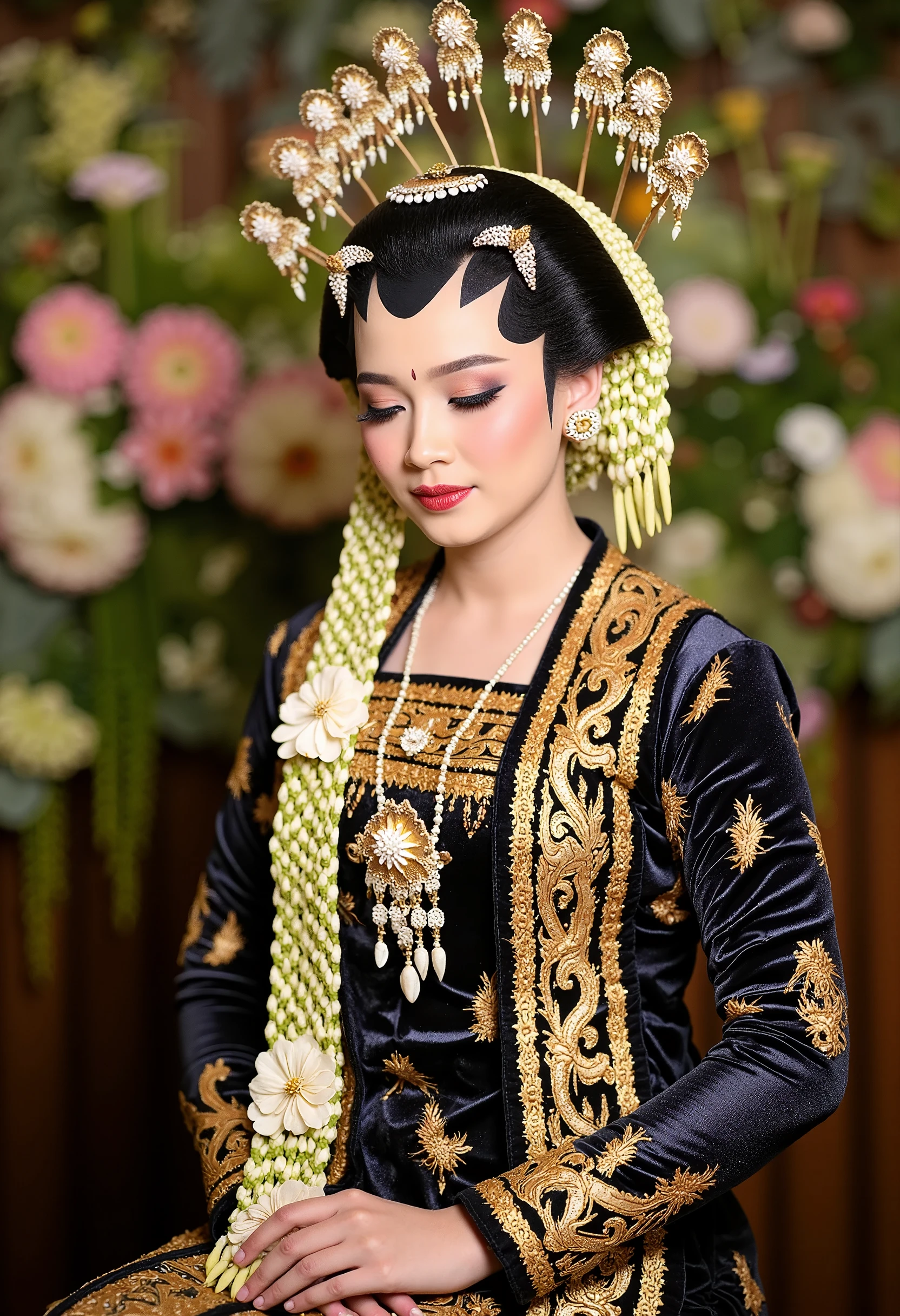 (masterpiece, best quality:1.2), 1girl, Alone, Javanese Traditional, sitting, flower, blur colorful background