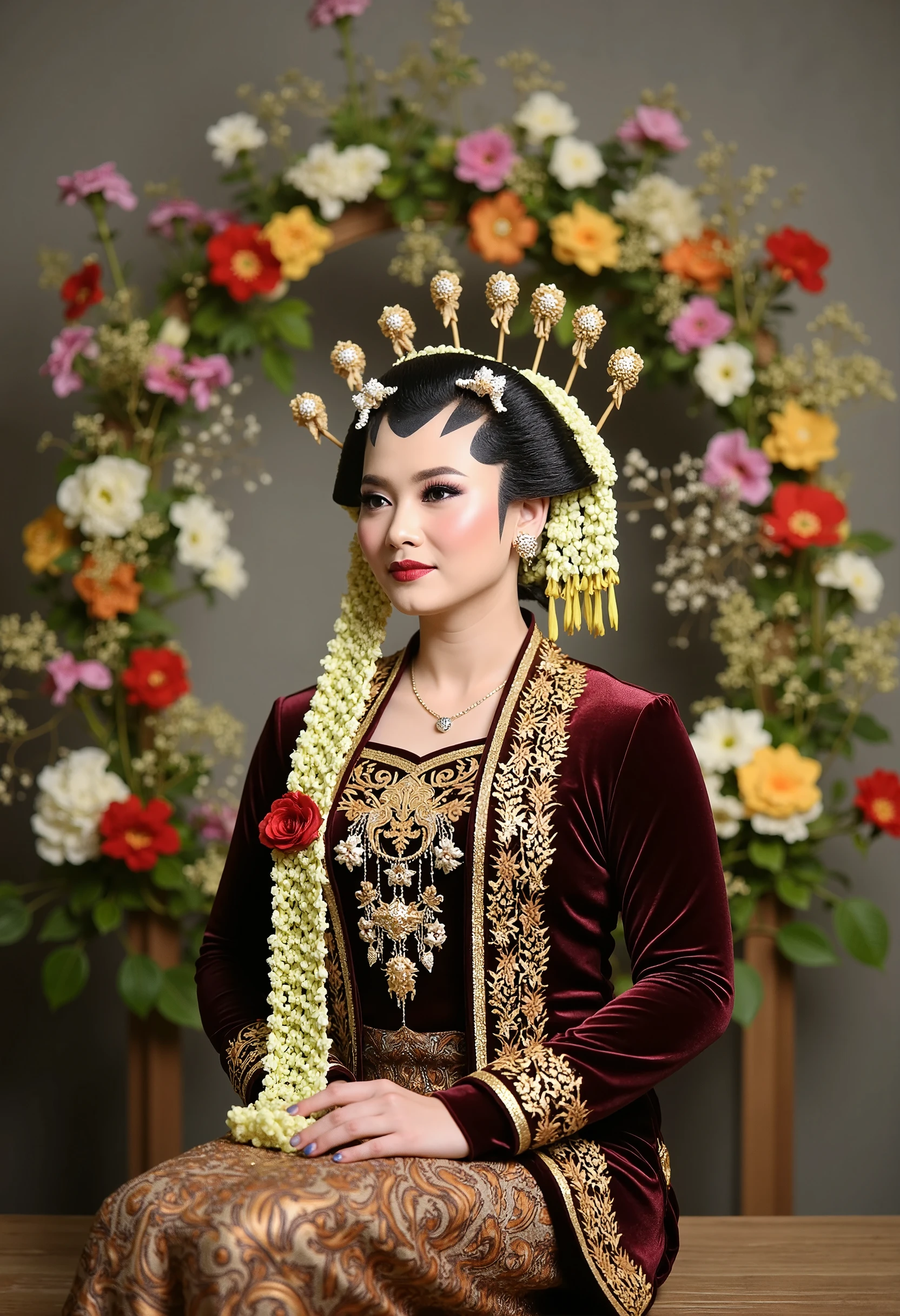 (masterpiece, best quality:1.2), 1girl, Alone, Javanese Traditional, sitting, flower, blur colorful background