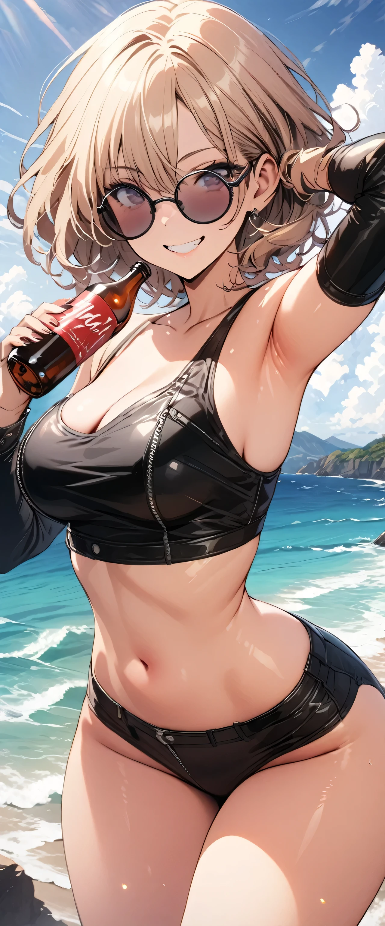 ((Masterpiece, top quality, high resolution)), ((extremely detailed CG unified 8K wallpaper)), (huge stunning goddess shot, very hot and sexy, jaw dropping beauty, perfect proportions, beautiful body, slim body beauty:1. 4), Anthropomorphic alpaca women in leather jackets drinking Coke from bottles, their beautiful white curly hair shining in the sunlight, wearing round sunglasses and smiling happily at the camera, a tourist attraction with a view of the ocean,