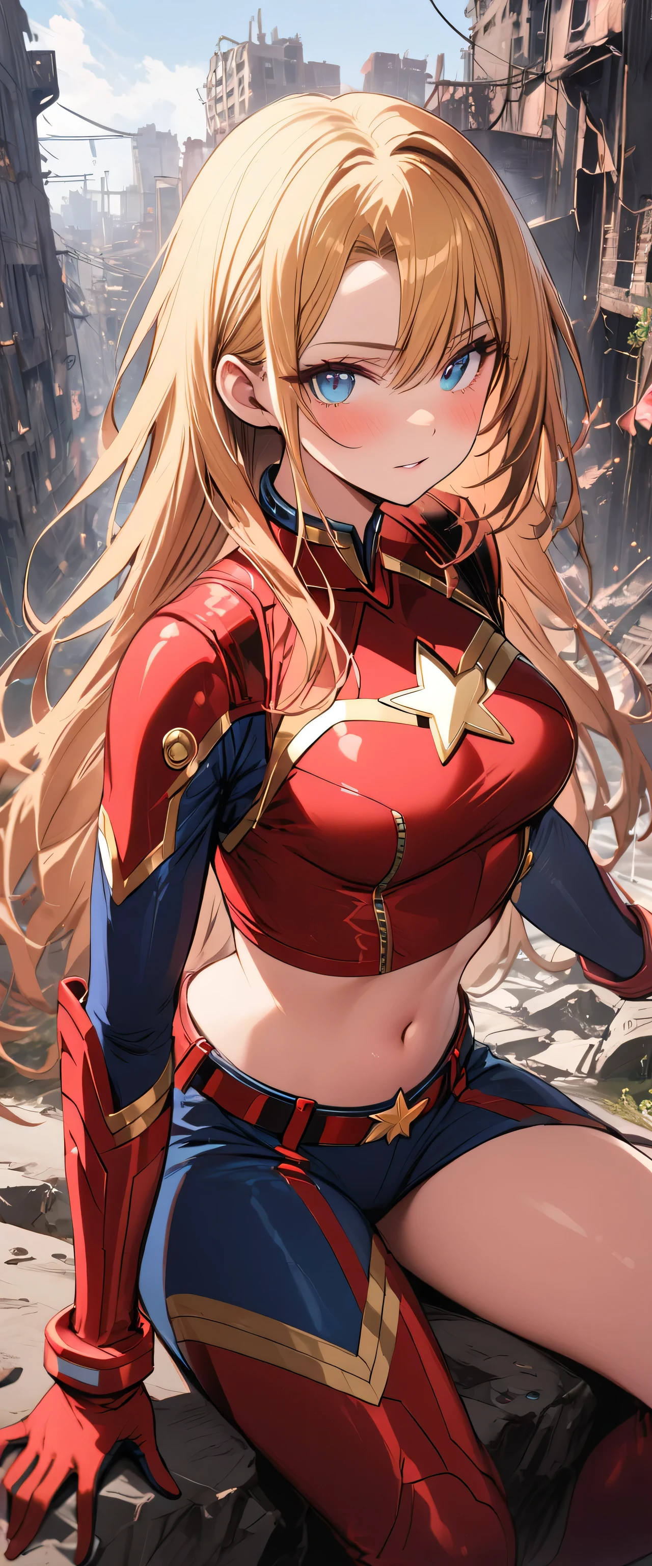 (Highly quality, masterpiece, detailed), destroyed city detailed scenario, destroyed city detailed background, solo, 1 woman, gold hair, long hair, blue eyes, Sexy Captain Marvel Uniform, Sexy Captain Marvel Suit, Cropped top 1.4, sleeves, red gloves, belt, sitting on a rock, beautiful eyes, look at the viewer, Sexy pose, sexy body