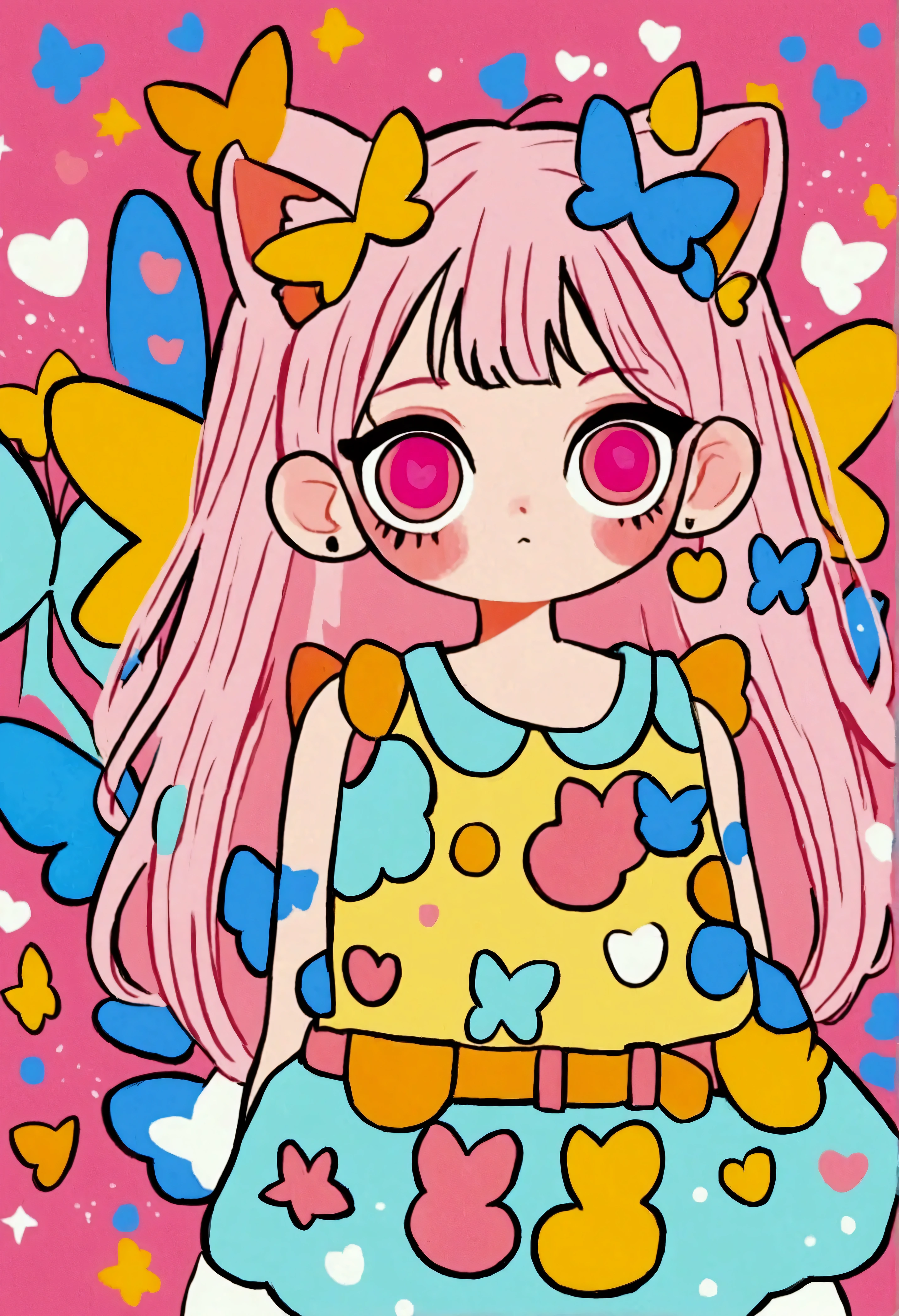 The characters in the illustrations have natural expressions,One cat girl, Alone, Full body view of the viewer, A hairstyle with pink on top and light blue tips, Blue antennae headband in her hair, Has butterfly wings on its back, Colorful rainbow eye color, Sleeveless light blue dress, She wears a pink and yellow Saturn belt around her waist., She's wearing pastel pink boots, Long Hair, Contains pop art style elements.