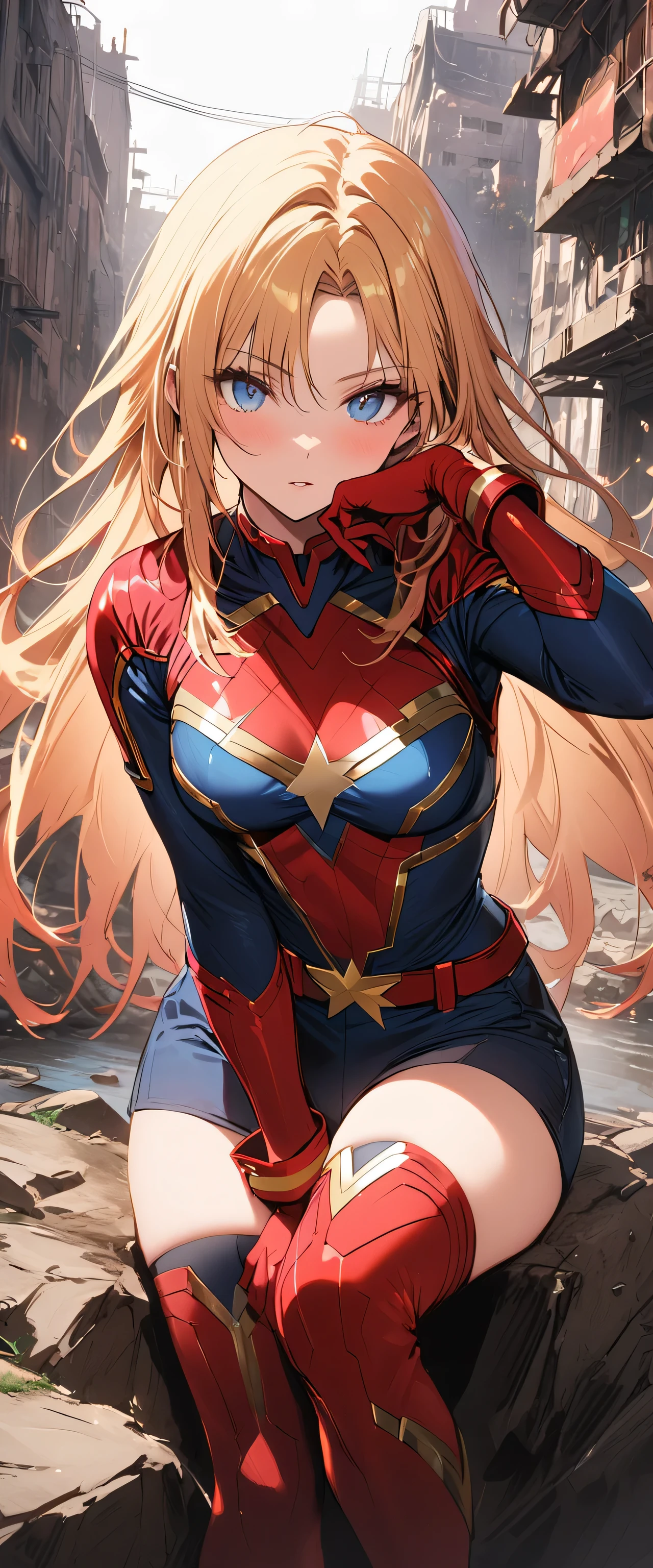 (Highly quality, masterpiece, detailed), destroyed city detailed scenario, destroyed city detailed background, solo, 1 woman, gold hair, long hair, blue eyes, Sexy Captain Marvel Uniform, Sexy Captain Marvel Suit, Cropped top 1.4, sleeves, red gloves, belt, sitting on a rock, beautiful eyes, look at the viewer, Sexy pose, sexy body