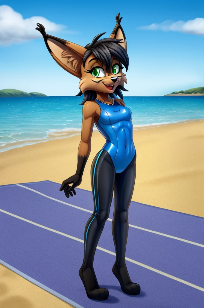 Lynx cartoon full length skinny slim in blue lycra swimsuit on the beach with happy face green eyes black hair