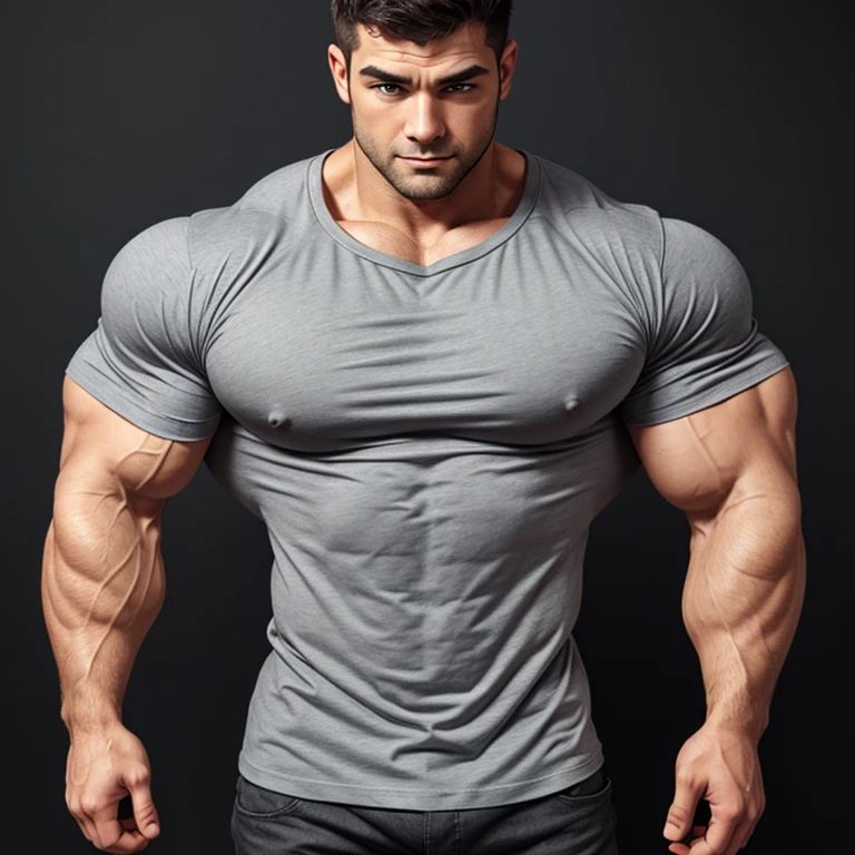 a very handsome young man, with a very handsome face, massively muscular, with massively large muscles, with massively large biceps, with massively large arms, wearing a simple gray shirt with long sleeves, on a black background