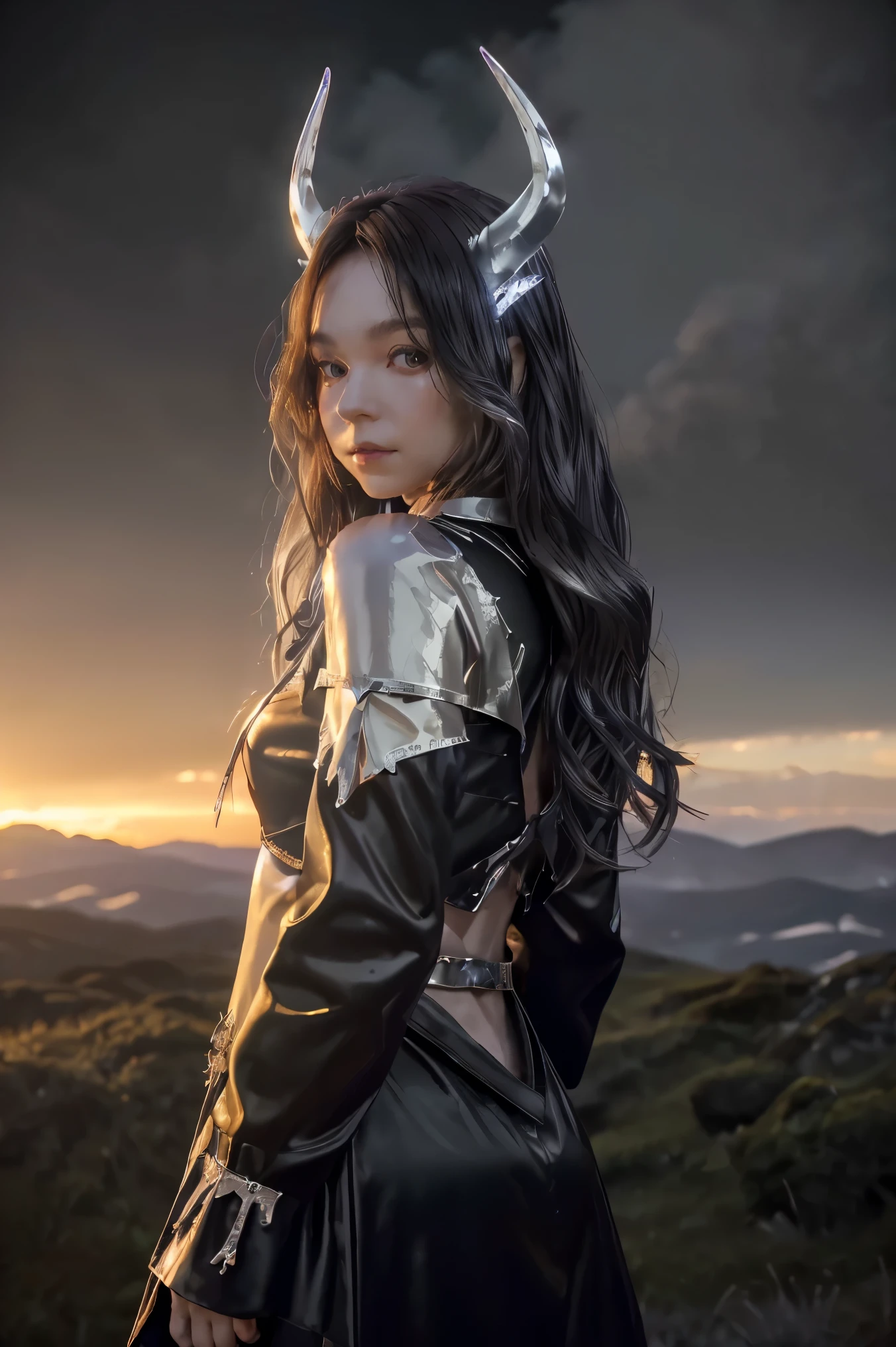 ((masterpiece, best quality, extremely detailed), volumetric lighting, ambient occlusion, colorful, glowing), 1girl, solo, young girl, (dark hair), long hair, horns, aura, devilish, goddess, cleric suit, (black outfit with silver detailst:1.3), devil wings, outdoors, sunset, sky, clouds, space, (fantasy theme:1.2),