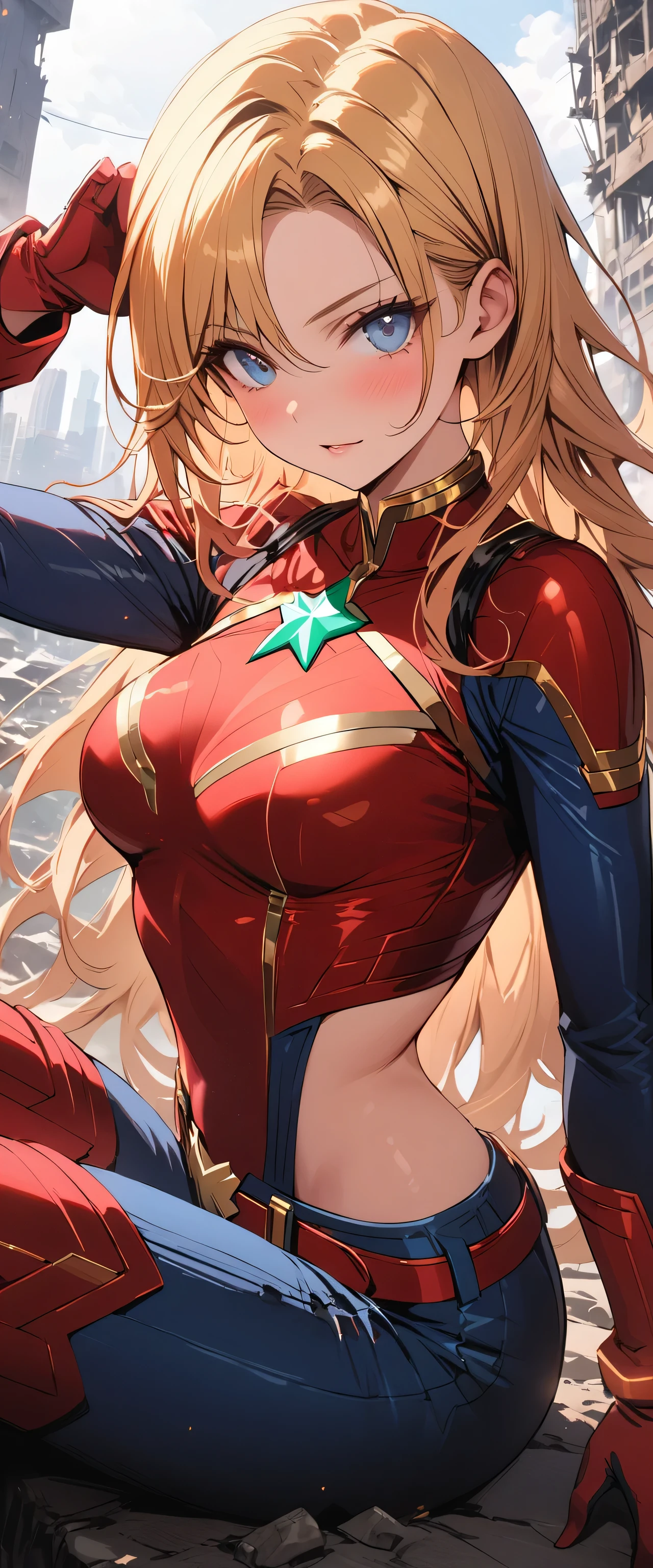 (Highly quality, masterpiece, detailed), destroyed city detailed scenario, destroyed city detailed background, solo, 1 woman, gold hair, long hair, blue eyes, Sexy Captain Marvel Uniform, Sexy Captain Marvel Suit, Cropped top 1.4, sleeves, red gloves, belt, sitting on a rock, beautiful eyes, look at the viewer, Sexy pose, sexy body