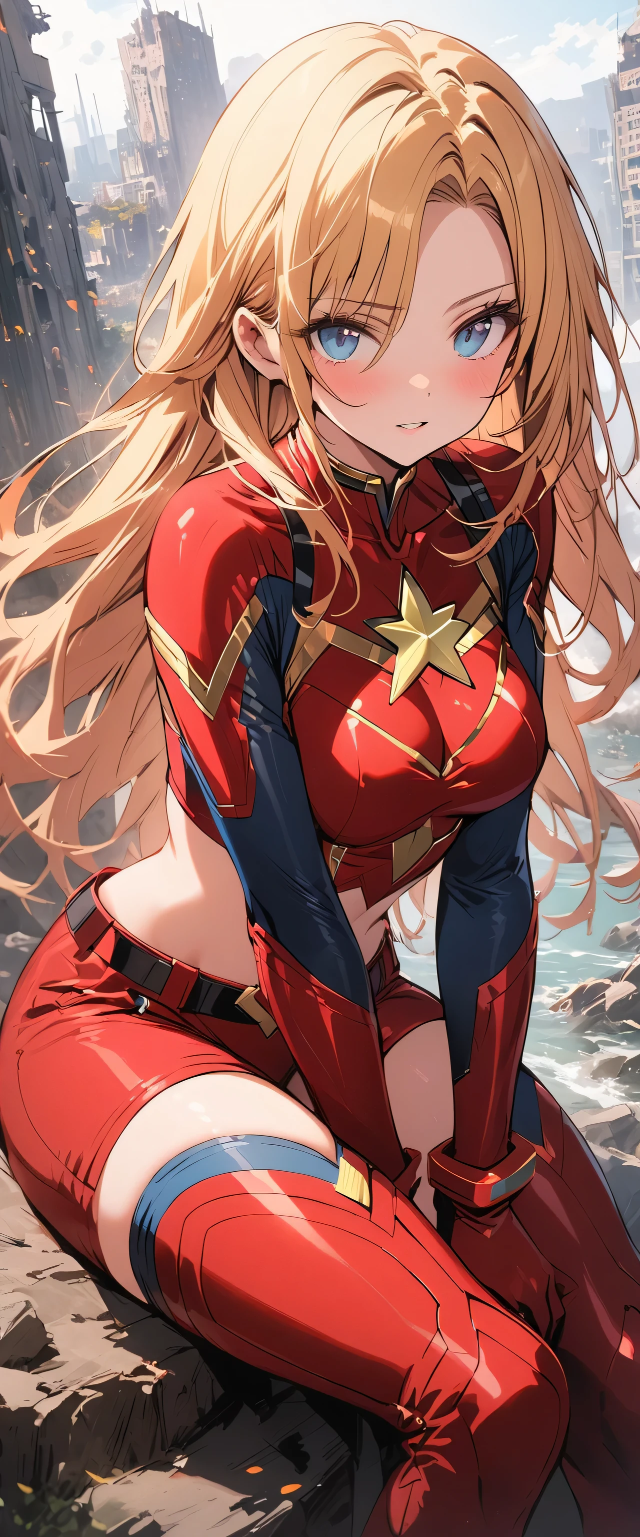 (Highly quality, masterpiece, detailed), destroyed city detailed scenario, destroyed city detailed background, solo, 1 woman, gold hair, long hair, blue eyes, Sexy Captain Marvel Uniform, Sexy Captain Marvel Suit, Cropped top 1.4, sleeves, red gloves, belt, sitting on a rock, beautiful eyes, look at the viewer, Sexy pose, sexy body