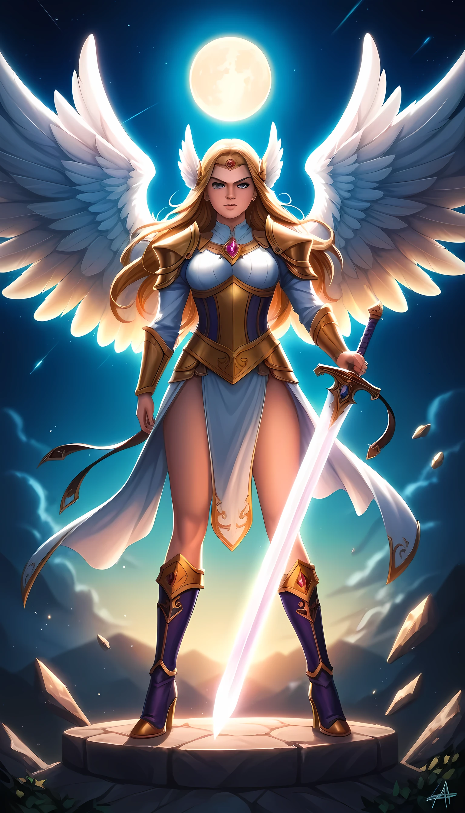 an epic fantasy art of aasimar, female, paladin ready for battle under the full moon, holy warrior, spread large feathered wings, (wings sprouting from the back: 1.3), majestic wings, white angelic wings spread (Masterpiece, intense details: 1.5), moon light, moon, stars, clouds, radiant holy symbol, armed with a divine sword, glowing sword wearing holy armor, wearing high heel boots, dynamic hair color, dynamic hair style, dynamic skin complexion, dark fantasy cemetery background, anatomically correct (Masterpiece 1.3, intense details), angel wings, determined face, god rays, cinematic lighting, glowing light, silhouette, from outside, photorealism, panoramic view (Masterpiece 1.3, intense details) , Wide-Angle, Ultra-Wide Angle, 16k, highres, best quality, high details, 16K, ultra detailed, masterpiece, best quality, (extremely detailed), arafed, dnd art, portrait, full body, Sword and shield