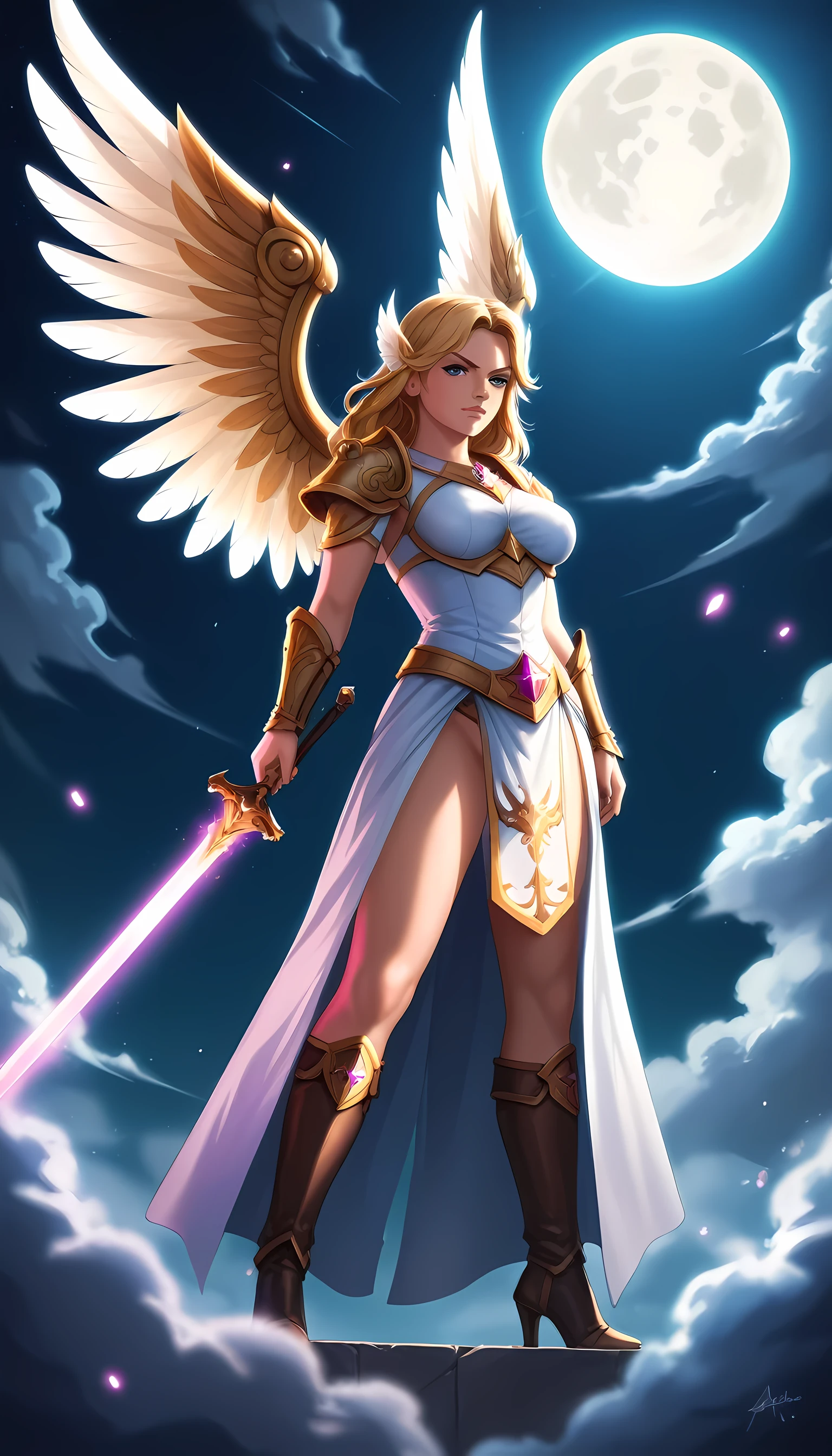 an epic fantasy art of aasimar, female, paladin ready for battle under the full moon, holy warrior, spread large feathered wings, (wings sprouting from the back: 1.3), majestic wings, white angelic wings spread (Masterpiece, intense details: 1.5), moon light, moon, stars, clouds, radiant holy symbol, armed with a divine sword, glowing sword wearing holy armor, wearing high heel boots, dynamic hair color, dynamic hair style, dynamic skin complexion, dark fantasy cemetery background, anatomically correct (Masterpiece 1.3, intense details), angel wings, determined face, god rays, cinematic lighting, glowing light, silhouette, from outside, photorealism, panoramic view (Masterpiece 1.3, intense details) , Wide-Angle, Ultra-Wide Angle, 16k, highres, best quality, high details, 16K, ultra detailed, masterpiece, best quality, (extremely detailed), arafed, dnd art, portrait, full body, Sword and shield