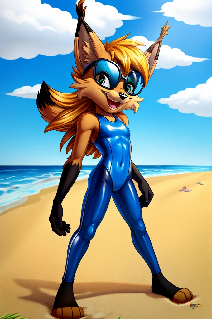 Lynx cartoon full length skinny slim in blue lycra swimsuit on the beach with happy face sunglasses highlighted hair