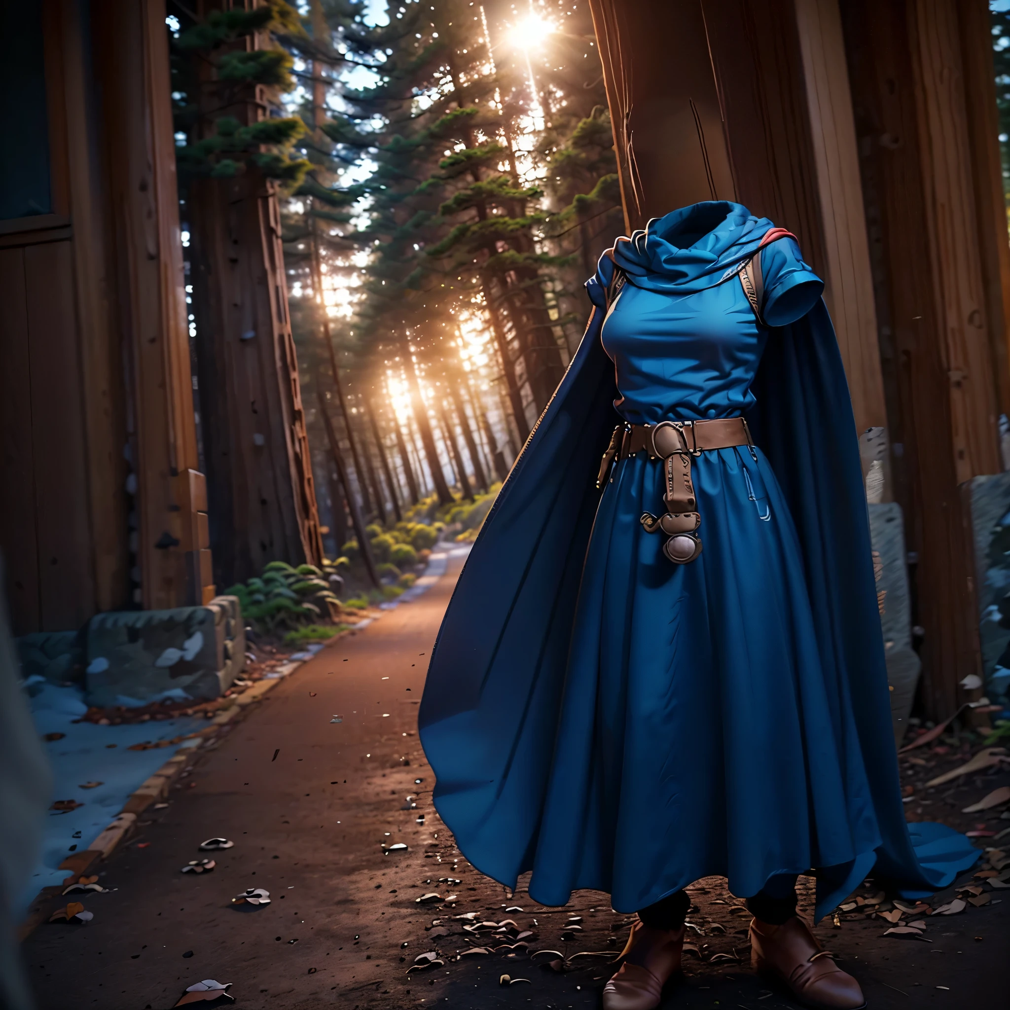 (8k, RAW photo, best quality, masterpiece:1.2), (realistic, photo-realistic:1.37), photon mapping, radiosity, ((Hasselblad photography)), physically-based rendering, (invisible, no humans, headless, faceless:1.5), barbara,cape,light blue dress,belt,socks,boots, (close-up shot of breast), in forest